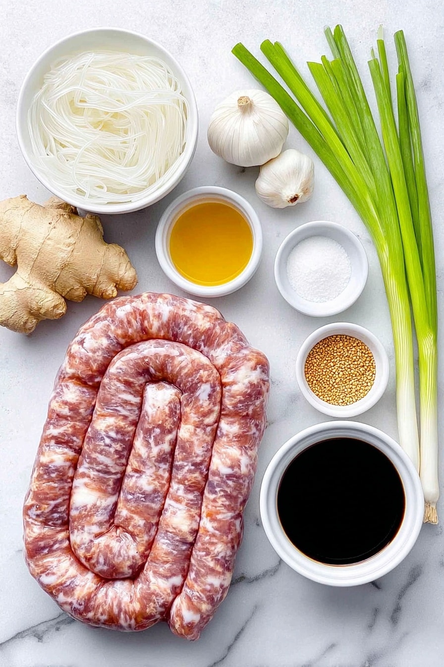 Flat lay of fresh coiled pork small intestine, a small white bowl of uncooked sweet rice, a small white bowl with soaked translucent sweet potato starch vermicelli noodles, three whole garlic cloves, an 11-inch knob of fresh ginger root, a small white bowl of coarse salt, a small white bowl of ground black pepper, a small white bowl of golden toasted sesame oil, a small white bowl of toasted sesame seeds, five fresh green scallions with white bulbs, and a small white bowl filled with dark beef or pork blood, all arranged with perfect symmetry and balanced proportions, placed on a clean white marble surface, soft natural light, photo taken with an iPhone, professional food photography style, fresh ingredients, white ceramic bowls, no bottles, no duplicates, no utensils, no packaging --ar 2:3 --v 7 --p m7354615311229779997 - Korean Blood Sausage Sundae, Korean Blood Sausage, Sundae recipe, Korean street food, homemade Korean sausage