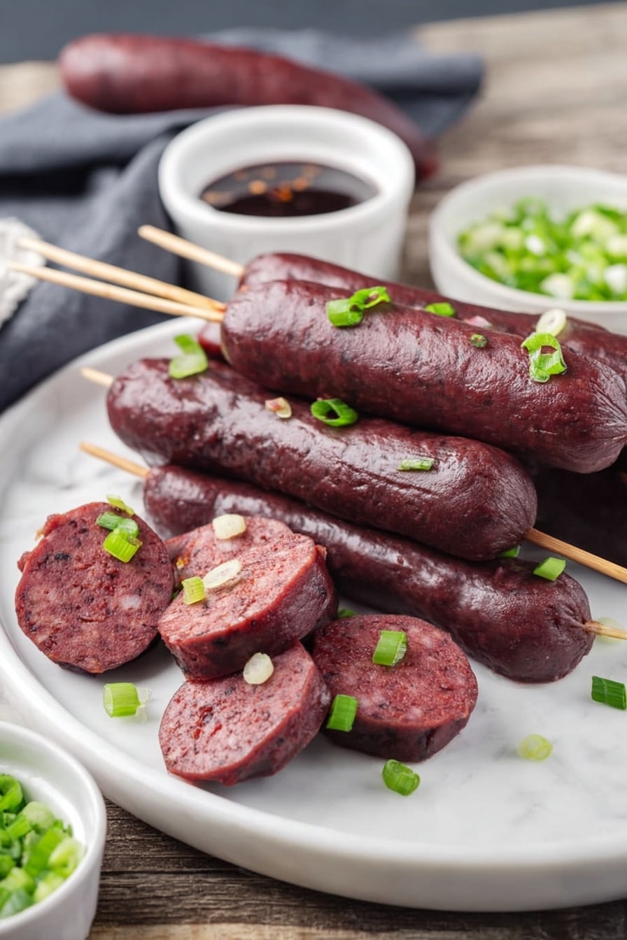 The image shows a black round plate full of dark red sausages, some whole on skewers and some sliced into thick round pieces, all topped with small green chopped leaves. Around the plate, there are three small white bowls: one with a dark reddish-brown sauce, another with a smooth white sauce, and the third filled with finely chopped green pieces. The background is a dark stone surface with light veins. photo taken with an iphone --ar 2:3 --v 7 - Korean Blood Sausage Sundae, Korean Blood Sausage, Sundae recipe, Korean street food, homemade Korean sausage