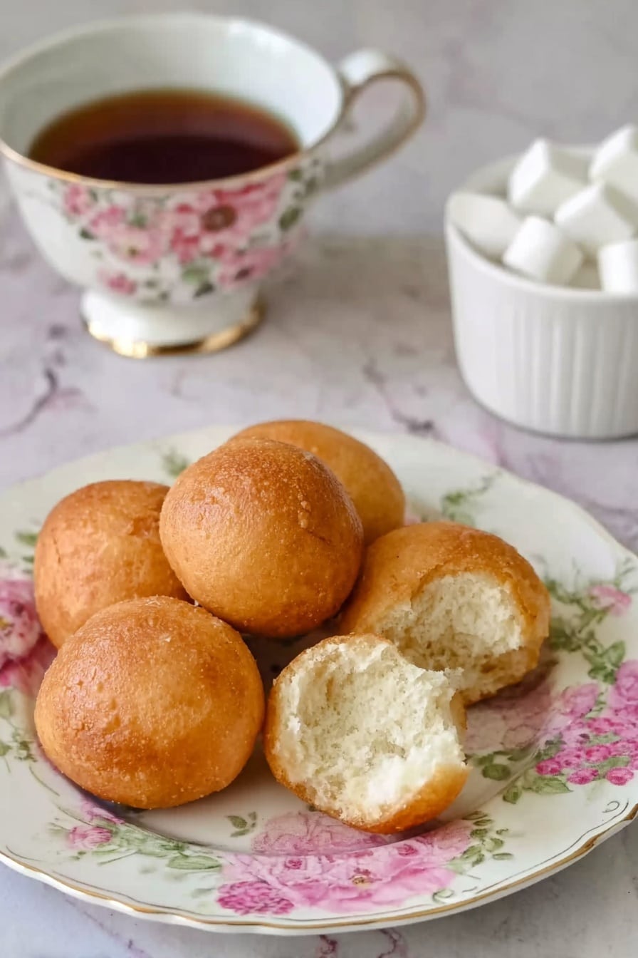 The image shows five golden brown round dough balls placed on a white plate with a floral pattern of pink and green flowers on the edges. Two of the dough balls are broken open, showing a soft and fluffy white inside. Behind the plate, there is a white cup with floral designs filled with dark tea. To the right, there is a white container holding white sugar cubes. The surface beneath everything is a white marbled texture. photo taken with an iphone --ar 2:3 --v 7 - Easy Homemade Puff Puff, homemade puff puff recipe, quick puff puff snack, Nigerian puff puff, crispy soft puff puff