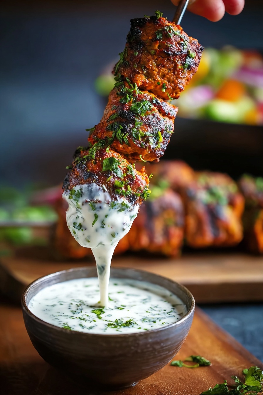 Easy Chicken Tikka Kebab Recipe 8 A close-up of two grilled, orange-brown meat pieces on a metal skewer held by a woman's hand, covered with chopped green herbs, being dipped into a white creamy sauce with green herbs in a small white bowl placed on a dark wooden table, blurred background shows more grilled meat and a side salad on a board, photo taken with an iphone --ar 2:3 --v 7 - Easy Chicken Tikka Kebab, Chicken Tikka Kebabs, Indian Chicken Kebabs, Grilled Chicken Tikka, Juicy Chicken Kebabs