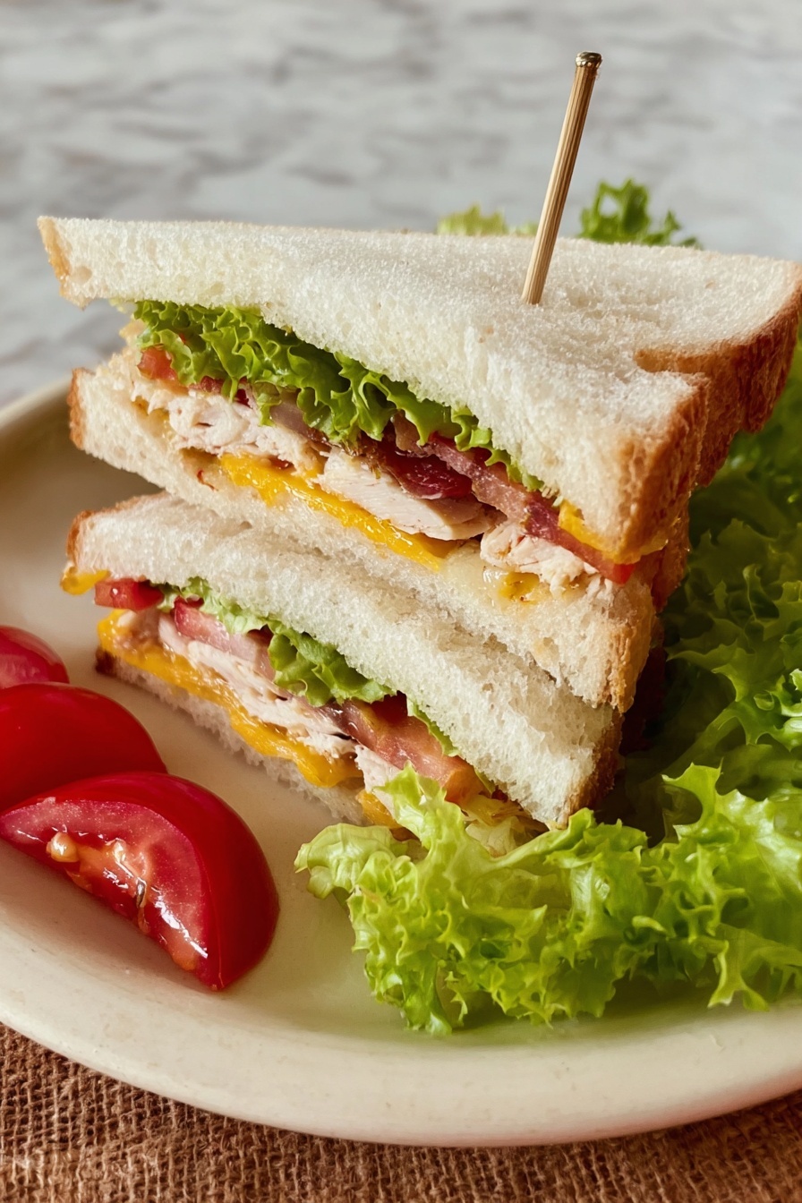 Thai Spicy Grilled Chicken Sandwich Recipe 6 A sandwich is shown cut into two triangles, held together with toothpicks, on a white plate. The sandwich has three layers of white bread. Between the layers, there is a layer of green lettuce, a layer of red tomato slices, a yellow-orange melted cheese layer, and a light brown cooked chicken layer. Around the sandwich on the plate, there are extra green lettuce leaves and some sliced red tomato pieces. The background is a white marbled texture. Photo taken with an iphone --ar 2:3 --v 7 - Thai Spicy Grilled Chicken Sandwich, Thai grilled chicken sandwich, spicy chicken sandwich recipe, Thai-inspired sandwich, flavorful grilled chicken sandwich
