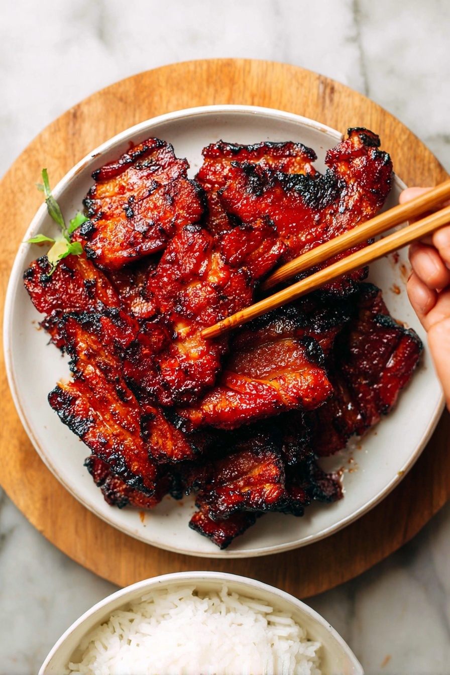 The image shows a white plate filled with several pieces of grilled chicken wings, which are richly coated with a shiny dark reddish-brown glaze that looks sticky and caramelized. The wings have charred blackened edges, adding contrast and texture to the glossy surface. Small green slices of fresh scallions are sprinkled on top, adding a fresh pop of color against the dark wings. The background is a white marbled texture, enhancing the vibrant colors of the food. photo taken with an iphone --ar 2:3 --v 7 - Chinese BBQ Pork, Char Siu, Chinese BBQ Pork Recipe, Chinese roasted pork, Cantonese BBQ pork