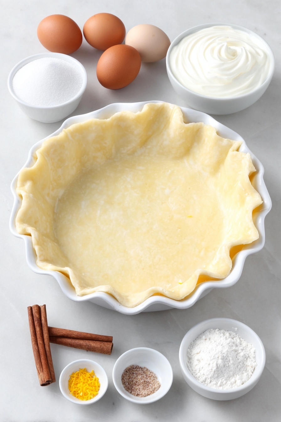 Christmas Eve Cinnamon Custard Pie Recipe 7 Flat lay of a simple white ceramic pie dish with a homemade golden-brown pie crust, four whole uncracked brown eggs, a small white bowl filled with granulated sugar, another small white bowl containing smooth whole milk, a small white bowl of thick heavy cream, a cinnamon stick resting beside a small white bowl of ground cinnamon powder, a small white bowl holding vanilla bean pods next to scattered vanilla seeds, a pinch of fine salt crystals, a small white bowl with ground nutmeg powder, and a few strands of fresh orange zest—all ingredients arranged in perfect symmetry and balanced proportions, placed on a clean white marble surface, soft natural light, photo taken with an iPhone, professional food photography style, fresh ingredients, white ceramic bowls, no bottles, no duplicates, no utensils, no packaging --ar 2:3 --v 7 --p m7354615311229779997 - Christmas Eve Cinnamon Custard Pie, holiday custard pie, cinnamon dessert recipe, festive pie with vanilla, cozy Christmas dessert