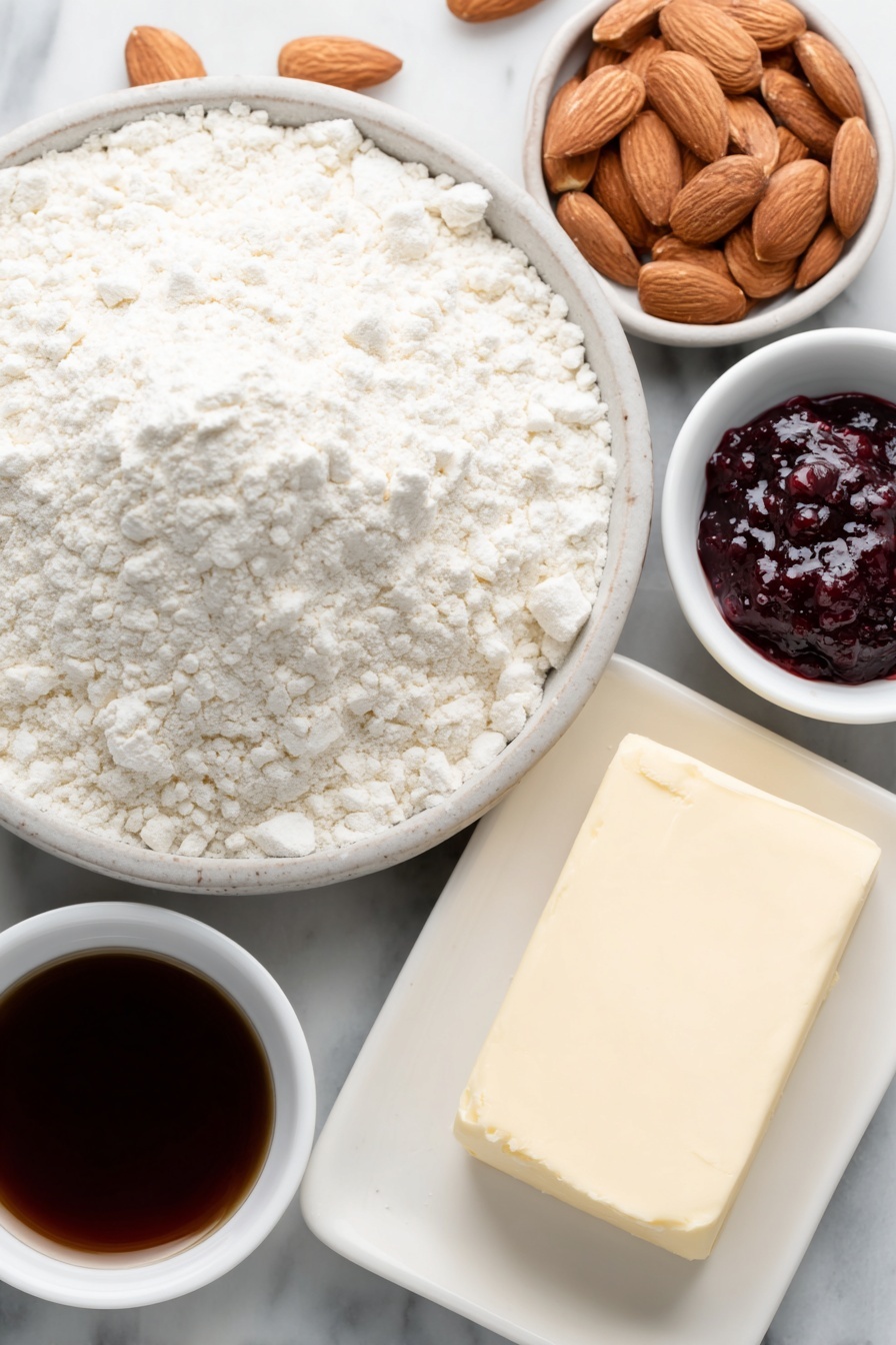 Raspberry Almond Snowball Cookies Recipe 7 Flat lay of a small mound of all-purpose flour on a simple white ceramic plate, a few whole sliced almonds scattered naturally, a square of unsalted butter softened and slightly melting on a white ceramic dish, a small white bowl filled with powdered sugar, a small white bowl holding deep red seedless raspberry jam, and a small white bowl with clear almond extract liquid, all arranged symmetrically with perfect balance, placed on a clean white marble surface, soft natural light, photo taken with an iPhone, professional food photography style, fresh ingredients, white ceramic bowls, no bottles, no duplicates, no utensils, no packaging --ar 2:3 --v 7 --p m7354615311229779997 - Raspberry Almond Snowball Cookies, almond snowball cookies with raspberry jam, easy snowball cookies recipe, buttery snowball cookies with fruit, festive raspberry nut cookies