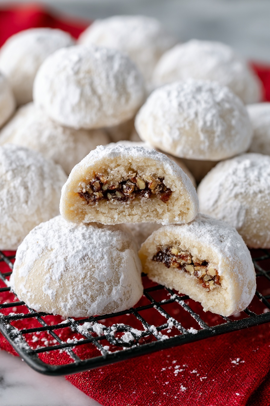 Raspberry Almond Snowball Cookies Recipe 6 Round cookies mostly whole and covered with white powdered sugar are arranged in neat rows on a black wire rack over a red cloth. Three cookies are opened, showing a two-layer center with a dark brown filling and bits of nuts inside a light beige dough. White sugar powder is scattered on the wire rack and cookies, giving a soft, powdery texture. The photo is taken from above on a white marbled surface. photo taken with an iphone --ar 2:3 --v 7 - Raspberry Almond Snowball Cookies, almond snowball cookies with raspberry jam, easy snowball cookies recipe, buttery snowball cookies with fruit, festive raspberry nut cookies