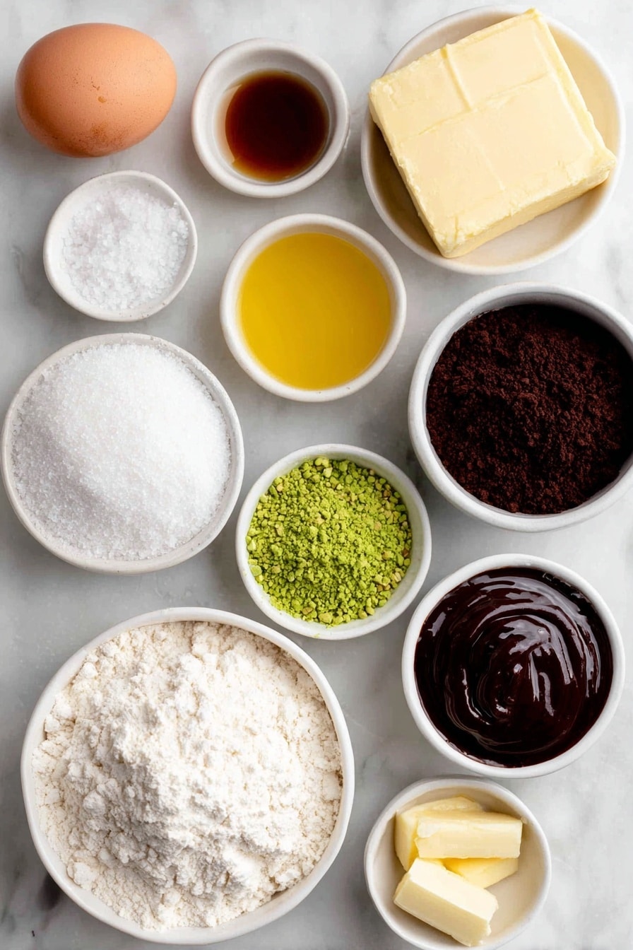 Chocolate Matcha Butter Cookies Recipe 7 Flat lay of a small mound of all-purpose flour, a tiny heap of coarse salt crystals, a block of unsalted butter softened and creamy, a small white ceramic bowl filled with granulated sugar, one large whole brown egg with clean shell, a small white ceramic bowl with golden vanilla extract, a small white ceramic bowl with rich dark cocoa powder, a small white ceramic bowl with vibrant green matcha powder, a small white ceramic bowl holding coarse sugar crystals sparkling, roughly crushed bright green pistachios scattered naturally, small white ceramic bowls containing melted white chocolate, melted dark chocolate, warm glossy Nutella spread, and a small white ceramic bowl with bright red jam, plus a delicate dusting of powdered sugar lightly spread on the surface — all ingredients arranged in perfect symmetry and realistic proportions on simple white ceramic bowls, placed on a clean white marble surface, soft natural light, photo taken with an iPhone, professional food photography style, fresh ingredients, white ceramic bowls, no bottles, no duplicates, no utensils, no packaging --ar 2:3 --v 7 --p m7354615311229779997 - Chocolate Matcha Butter Cookies, chocolate matcha cookies recipe, matcha cookies with chocolate, buttery matcha cookies, easy matcha cookie recipe