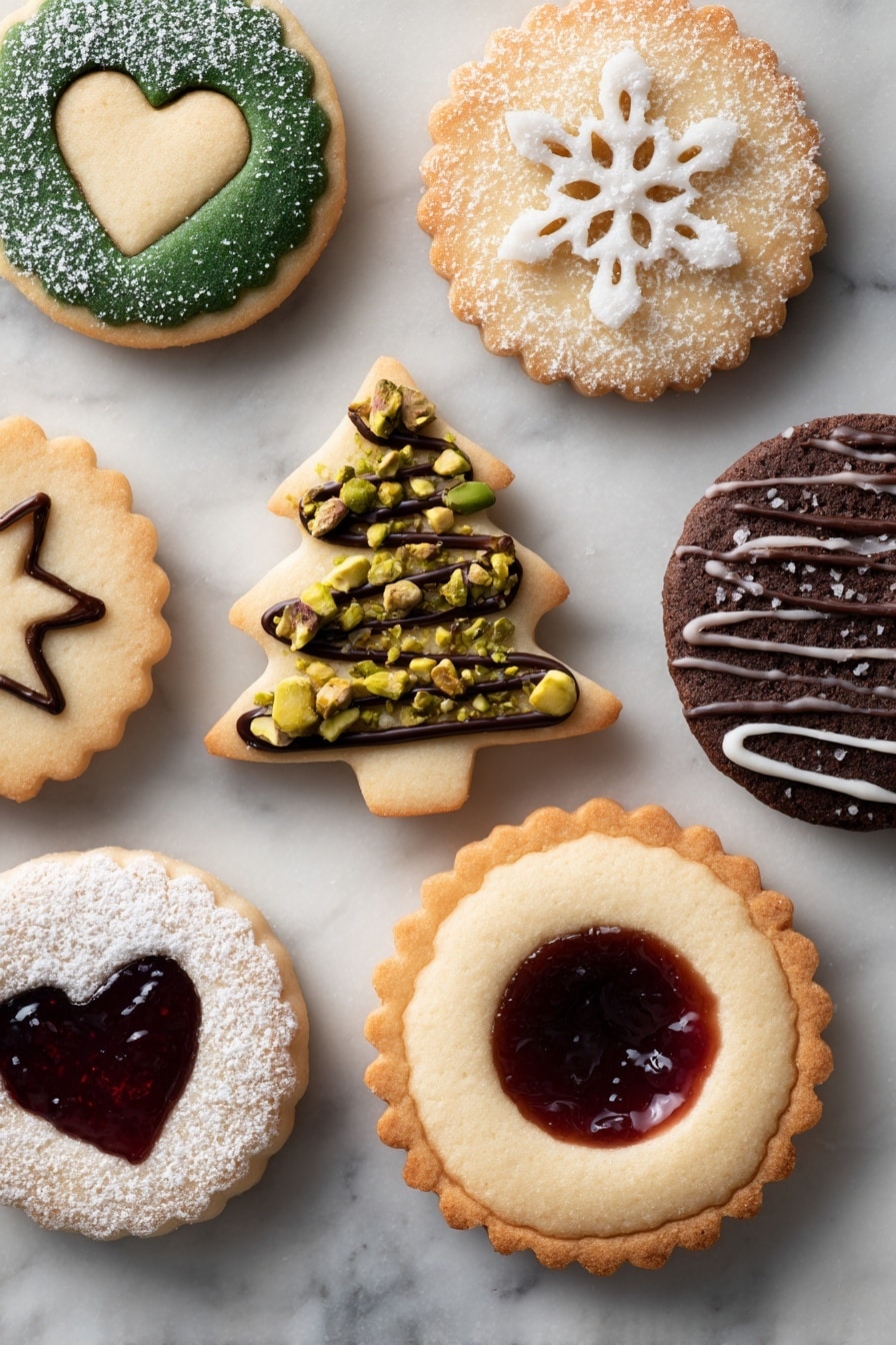 Chocolate Matcha Butter Cookies Recipe 6 A collection of nine differently shaped and decorated cookies arranged on a white marbled surface. Top row has three cookies: a green circle with a smaller beige heart shape on top, a snowflake-shaped beige cookie dusted with sugar, and a beige circle with a star-shaped dark brown center. Middle row has four cookies: a small green tree decorated with white icing and sugar crystals, a green heart drizzled with dark chocolate stripes, a double-layered dark brown circle cookie with a star-shaped cutout dusted with powdered sugar revealing a caramel filling, and a green scalloped circle half-coated in white icing and sprinkled with chopped pistachios. Bottom row has two cookies: a scalloped beige circle dusted with powdered sugar and filled in the center with a dark red jam in a heart shape, a large dark brown ring cookie topped with dark chocolate and chopped pistachios, and a dark brown star drizzled with white icing stripes. photo taken with an iphone --ar 2:3 --v 7 - Chocolate Matcha Butter Cookies, chocolate matcha cookies recipe, matcha cookies with chocolate, buttery matcha cookies, easy matcha cookie recipe