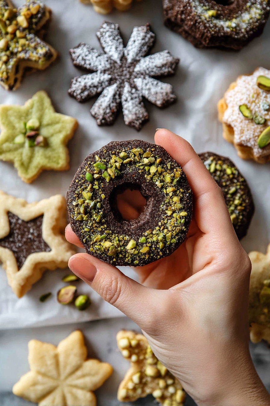 Chocolate Matcha Butter Cookies Recipe 8 The image shows a variety of cookies laid out on white parchment paper over a white marbled surface. There are green round cookies with a pale heart shape in the center, light golden snowflake-shaped cookies with coarse sugar crystals on top, and two-layer round cookies with a light base and a dark star shape on top. Dark brown round cookies feature a star-shaped cutout filled with caramel and dusted with powdered sugar. Lastly, there are dark brown ring-shaped cookies decorated with crushed green pistachios around the edges. The overall look is neat and inviting with different shapes and textures clearly visible. photo taken with an iphone --ar 2:3 --v 7 - Chocolate Matcha Butter Cookies, chocolate matcha cookies recipe, matcha cookies with chocolate, buttery matcha cookies, easy matcha cookie recipe