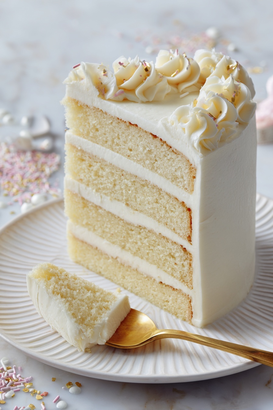 White Chocolate Mousse Cake Recipe 8 A slice of four-layer light yellow cake with creamy white frosting between each layer sits on a white round plate with ridged edges. The sides and top of the cake are covered in smooth light yellow frosting. A swirl of the same light yellow frosting is placed on the right side of the slice, decorated with small pink, white, and gold round sprinkles and white elongated sprinkles around the cake slice. The plate is set on a white marbled surface with some pink, gold, and white sprinkles scattered around. Photo taken with an iphone --ar 2:3 --v 7 - White Chocolate Mousse Cake, White Chocolate Mousse Cake recipe, White Chocolate Cake, Elegant White Chocolate Dessert, How to Make White Chocolate Mousse Cake