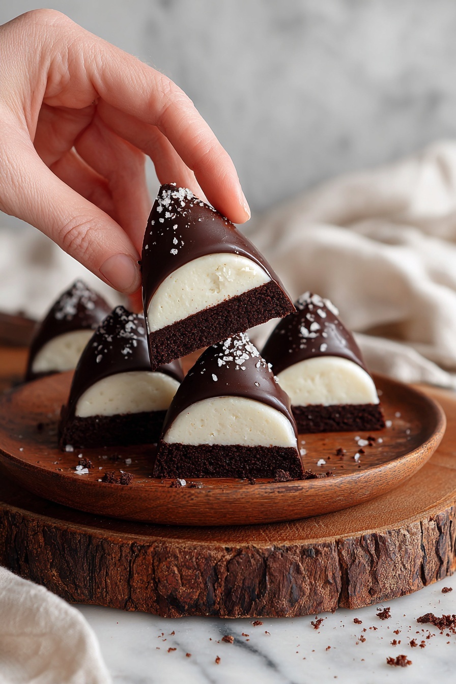 Lebkuchen-Schokoküsse Rezept Recipe 8 A white wooden plate holds six swirled chocolate-coated meringue treats arranged close together, each topped with crumbled biscuit bits. The outer layer is a shiny dark chocolate shell with a textured, thick swirl shape, and inside is a fluffy, pure white meringue. One of the treats is cut in half showing the fluffy inside, and small chocolate crumbs scatter around on the plate and the white marbled surface beneath. A woman's hand is gently picking up one of the meringues, adding a sense of scale and action in the warm close-up shot. photo taken with an iphone --ar 2:3 --v 7 - Lebkuchen-Schokoküsse, Lebkuchen marshmallow kisses, German festive treats, holiday chocolate confections, spicy Lebkuchen sweets