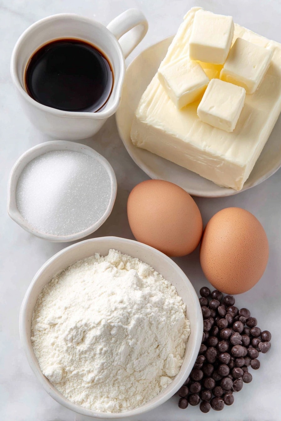 Flat lay of a small pile of superfine caster sugar in a simple white ceramic bowl, a few cubes of softened pale yellow butter on a white ceramic plate, two whole brown eggs with clean shells, a small white ceramic bowl of clear vanilla extract, a modest heap of self-raising flour on a white ceramic plate, a block of smooth white fondant icing sitting on a white ceramic dish, and a scattering of small shiny chocolate balls on the white surface, all ingredients arranged symmetrically and naturally, placed on a clean white marble surface, soft natural light, photo taken with an iPhone, professional food photography style, fresh ingredients, white ceramic bowls, no bottles, no duplicates, no utensils, no packaging --ar 2:3 --v 7 --p m7354615311229779997 - Autumn Chocolate Cupcakes with Gold Decorations, festive fall cupcakes, elegant chocolate cupcakes, gold decorated cupcakes, autumn dessert recipes