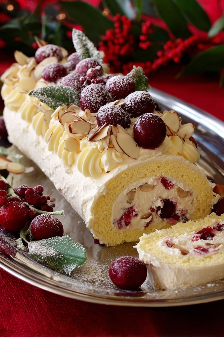 Cherry Mascarpone Pavlova Roulade Recipe 6 A slice of berry cheesecake sits on a white plate over a white marbled surface, showing three clear layers: a crumbly light brown base, a thick creamy off-white middle, and a shiny dark red berry topping with whole berries visible. A fork rests beside the slice, holding a small bite with creamy and berry layers. A green leafy garnish lies near the front edge of the plate. In the background, the rest of the cheesecake with the same three layers is on a white plate, with a woman's hand holding a serving utensil. A deep red cloth is draped beneath on the white marbled surface. Photo taken with an iphone --ar 2:3 --v 7 - Cherry Mascarpone Pavlova Roulade, elegant dessert with cherries and mascarpone, light pavlova roulade, easy cherry pavlova dessert, festive pavlova recipes