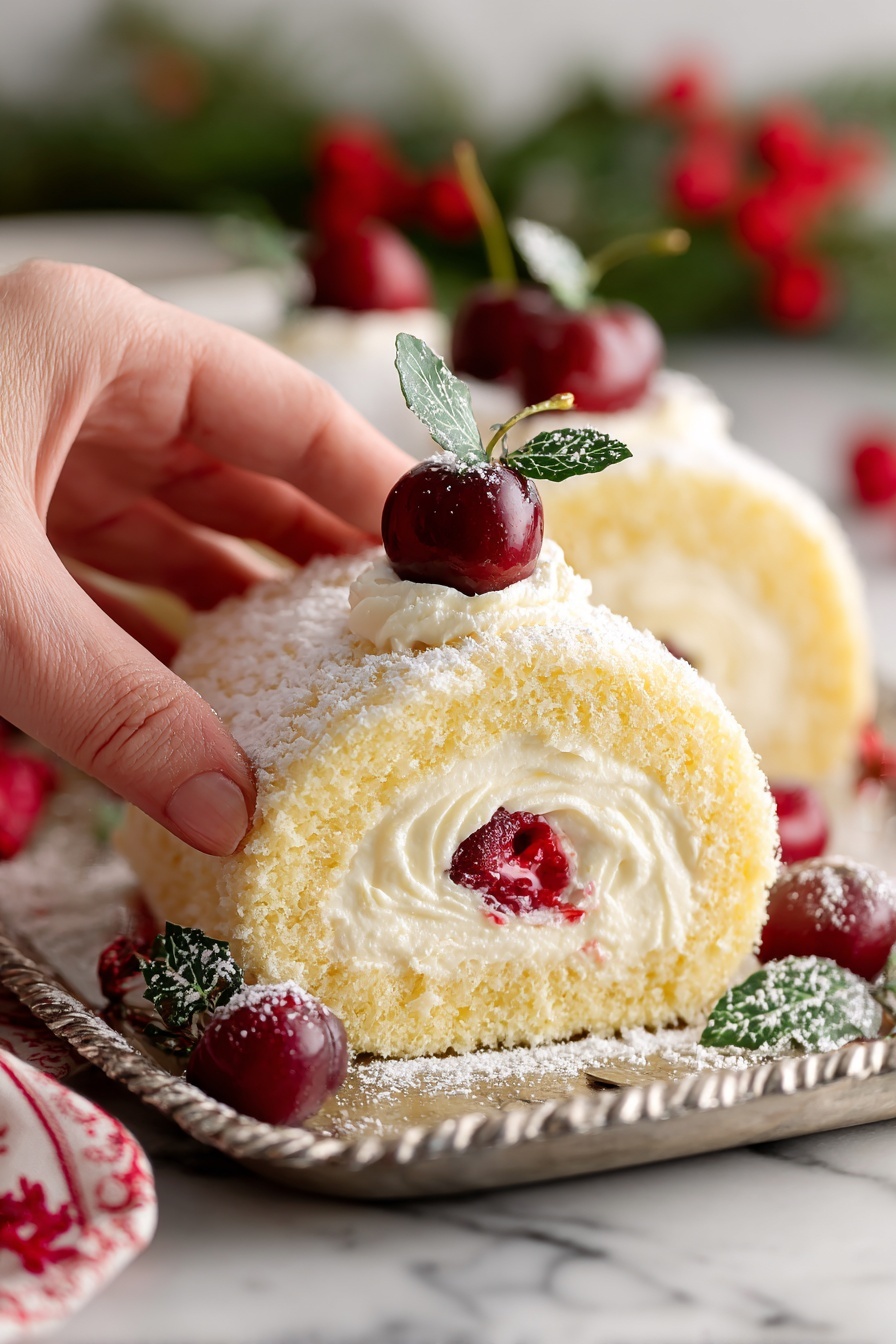 Cherry Mascarpone Pavlova Roulade Recipe 8 The image shows a cream-colored roll cake placed on a shiny silver tray over a white marbled surface. The cake has a textured outer layer and is topped with a thick, creamy white frosting in soft swirled peaks along its length. On top of the frosting are deep red cherries with stems, each lightly dusted with powdered sugar. Small green leaves are also placed on top and around the cake for decoration. Additional cherries and green leaves are arranged in front of the cake on the tray. The background has a festive look with red and green holiday decorations. Photo taken with an iphone --ar 2:3 --v 7 - Cherry Mascarpone Pavlova Roulade, elegant dessert with cherries and mascarpone, light pavlova roulade, easy cherry pavlova dessert, festive pavlova recipes