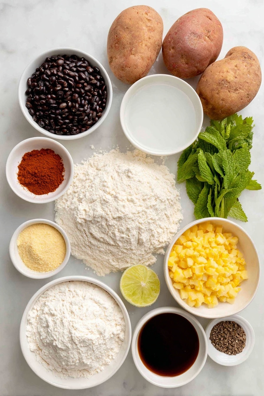 Authentic Pani Puri Recipe 7 Flat lay of a small mound of fine semolina (sooji), a small mound of whole wheat flour (atta), a small white bowl of hot water, two whole uncracked brown potatoes with skins removed, a small white bowl of boiled black chickpeas (kala chana), a small white bowl of black salt, a small white bowl of roasted ground cumin powder, a small white bowl of red chili powder, a small white bowl filled with chopped raw mango chunks, two fresh green serrano peppers, a bunch of fresh bright green mint leaves, a bunch of fresh coriander leaves, three whole black peppercorns, a small white bowl of cumin seeds, a small white bowl of sugar, a small white bowl of lime juice, a small white bowl of soaked golden boondi, a few fresh mint leaves for garnish, a small white bowl of dark tamarind chutney, several round rolled out puris made from golden dough, placed on a simple white ceramic plate—all ingredients fresh and natural, arranged symmetrically with perfect balance, placed on a clean white marble surface, soft natural light, photo taken with an iPhone, professional food photography style, fresh ingredients, white ceramic bowls, no bottles, no duplicates, no utensils, no packaging --ar 2:3 --v 7 --p m7354615311229779997 - Authentic Pani Puri, Pani Puri Recipe, Indian street food, how to make Pani Puri, beginner Pani Puri