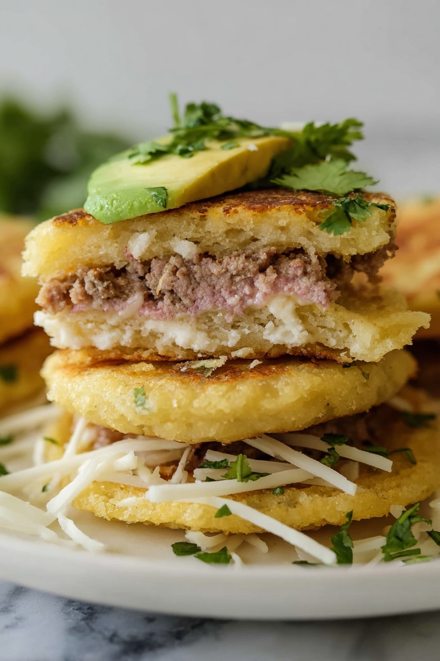 A close-up of three small round yellow patties stacked on a white plate with a white marbled background. The bottom patty has a layer of white shredded cheese underneath it, with some cheese peeking out and green cilantro bits around it. The middle patty shows a thick layer of light pink cooked meat inside. The top patty is filled with more shredded cheese and a slice of avocado with fresh green cilantro on top. The texture of the patties looks crumbly and soft, and some shredded cheese is slightly melted between them. Photo taken with an iphone --ar 2:3 --v 7 - Crispy Maseca gorditas, how to make crispy gorditas, Mexican masa recipes, crunchy gorditas, homemade Mexican street food