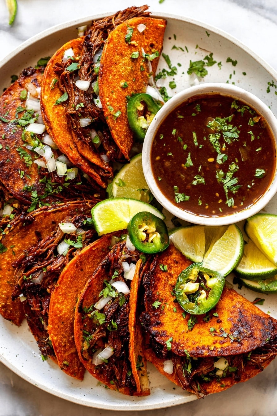 This image shows a white round plate on a white marbled surface holding five crispy red tacos with a textured surface, all folded in half. Each taco is filled with shredded dark brown meat mixed with small white onion pieces and chopped green cilantro. Some tacos have slices of fresh green jalapeño peppers visible among the filling. In the middle of the plate, there are small wedges of lime and a small white bowl filled with a dark reddish-brown sauce, garnished with scattered green herbs. The tacos look grilled with slightly charred spots. photo taken with an iphone --ar 2:3 --v 7 - Birria Tacos, flavorful birria tacos, Mexican birria tacos, tender beef tacos, spicy chili sauce tacos