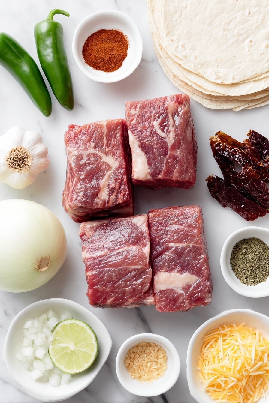 Authentic Birria Tacos with Rich Broth Recipe 7 Flat lay of fresh large chunks of raw chuck roast beef, two beef short ribs with bone in, a large white onion halved crosswise showing smooth layers, an unpeeled garlic bulb with the narrow top cut off, four large pieces of fresh peeled carrot, five dried bay leaves, eight dried guajillo chiles with stems removed, a small white ceramic bowl of reddish chili powder, a small white ceramic bowl of ground cumin powder, a small white ceramic bowl of Mexican oregano leaves, a small white ceramic bowl of coarse salt, a small white ceramic bowl with golden chicken bouillon granules, a small white ceramic bowl of diced white onion, a small white ceramic bowl of chopped fresh cilantro, a small white ceramic bowl of fresh lime wedges, a stack of white corn tortillas neatly arranged, and a small white ceramic bowl filled with shredded quesadilla cheese, all arranged symmetrically and freshly presented, placed on a clean white marble surface, soft natural light, photo taken with an iPhone, professional food photography style, fresh ingredients, white ceramic bowls, no bottles, no duplicates, no utensils, no packaging --ar 2:3 --v 7 --p m7354615311229779997 - Authentic Birria Tacos with Rich Broth, birria tacos recipe, Mexican birria tacos, homemade birria tacos, best birria tacos