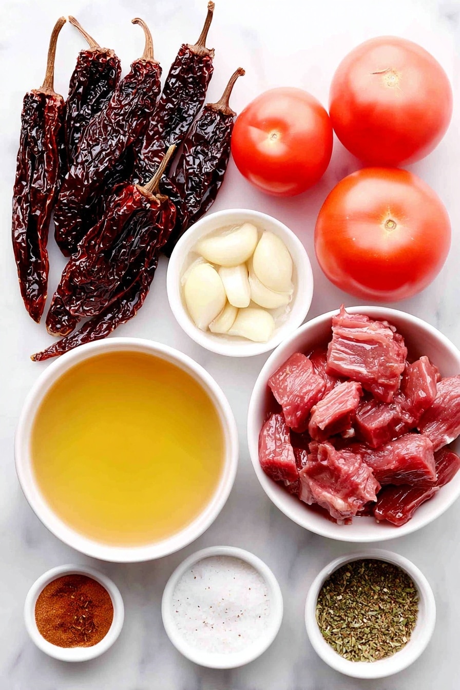 Authentic Mexican Birria Recipe 7 Flat lay of five dried ancho peppers with stems and seeds removed, five dried guajillo peppers cleaned, three small red chiles de árbol, a small white ceramic bowl of golden olive oil, one large white onion quartered, three large fresh red tomatoes quartered, five peeled garlic cloves, a small white ceramic bowl of dried Mexican oregano, a small white ceramic bowl of sea salt crystals, a small white ceramic bowl of ground cinnamon, a small white ceramic bowl of ground cumin, a small white ceramic bowl of ground ginger, a small white ceramic bowl of whole black peppercorns, a small white ceramic bowl filled with pale amber apple cider vinegar, two large charred roasted tomatoes chopped, a small white ceramic bowl of rich beef stock, and chunks of raw lamb shoulder arranged neatly, all placed on a clean white marble surface, soft natural light, photo taken with an iPhone, professional food photography style, fresh ingredients, white ceramic bowls, no bottles, no duplicates, no utensils, no packaging --ar 2:3 --v 7 --p m7354615311229779997 - Authentic Mexican Birria, Mexican birria recipe, how to make birria, traditional Mexican stew, homemade birria tacos