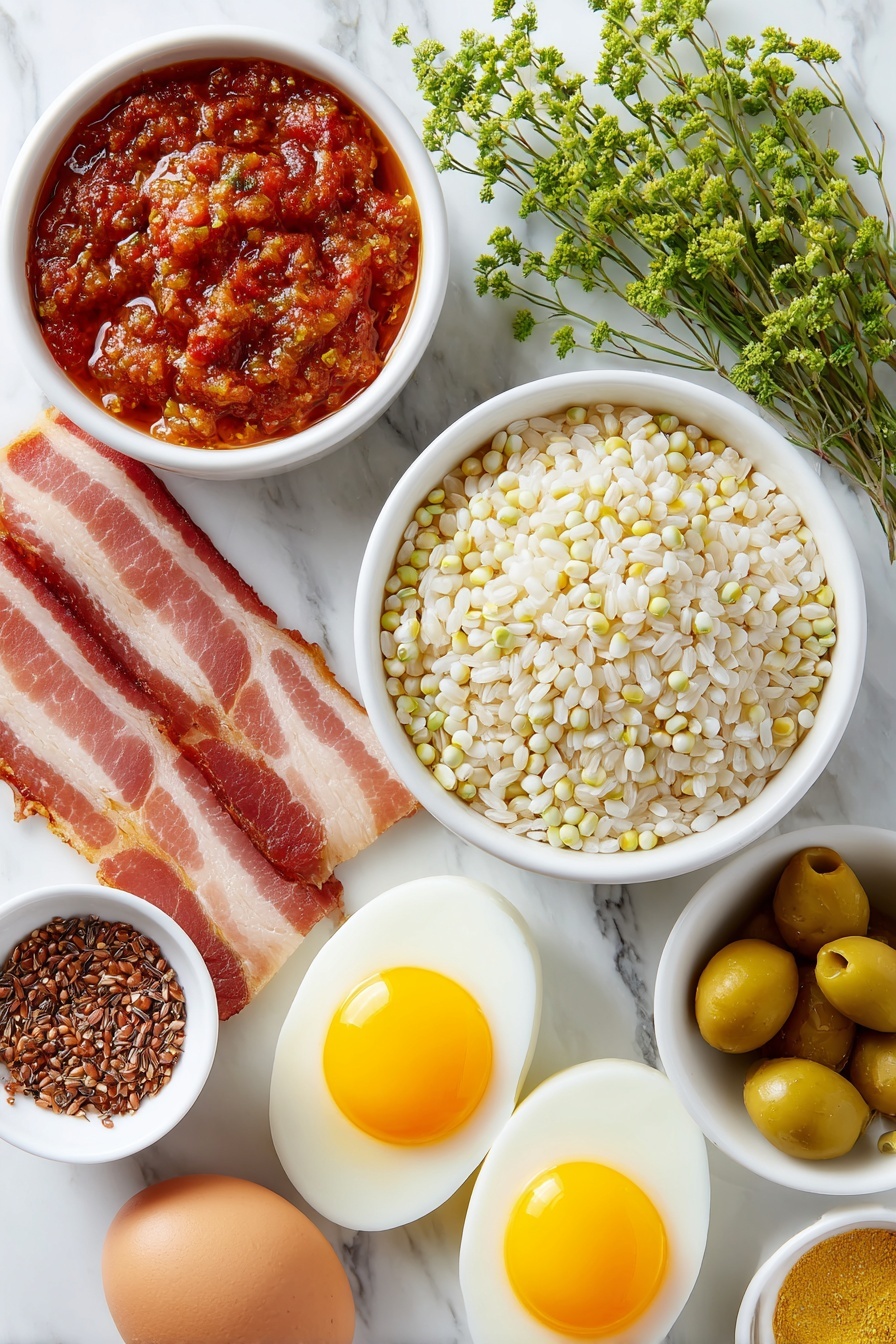 Puerto Rican Arroz Con Gandules Recipe 7 Flat lay of medium grain white rice spilling gently from a simple white ceramic bowl, fresh green pigeon peas scattered beside it, a small white bowl filled with vibrant red tomato sauce, whole green olives resting on the side, a few bright green sprigs of sofrito herbs artfully arranged, a few uncracked whole brown eggs, a couple of crisp slices of raw bacon laid flat, a small white bowl holding golden vegetable oil, and a neat pinch of ground black pepper and cumin powders in tiny white bowls, all placed on a clean white marble surface, soft natural light, photo taken with an iPhone, professional food photography style, fresh ingredients, white ceramic bowls, no bottles, no duplicates, no utensils, no packaging --ar 2:3 --v 7 --p m7354615311229779997 - Puerto Rican Arroz Con Gandules, Puerto Rican rice recipes, Authentic Puerto Rican dishes, Gandules recipe, Traditional Puerto Rican rice