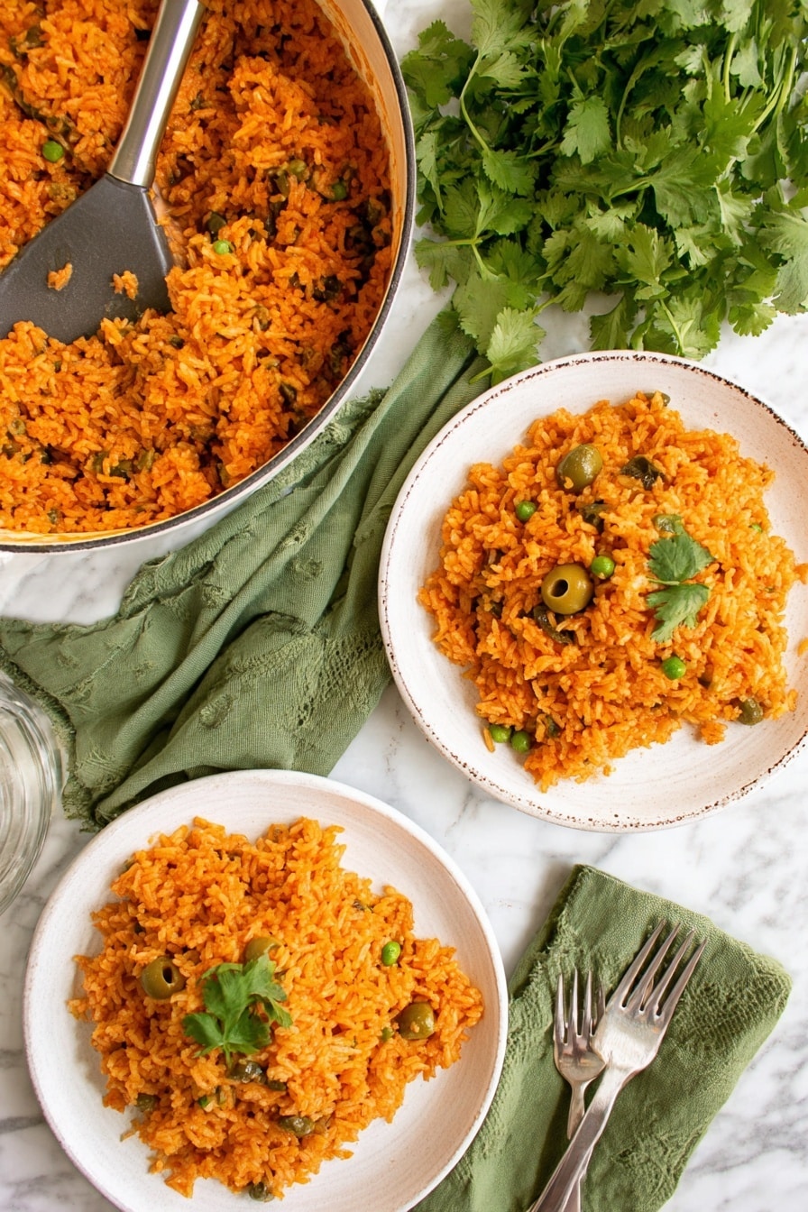 Puerto Rican Arroz Con Gandules Recipe 8 The image shows three servings of orange-colored rice with green olives and small green peas. The rice is fluffy with a slightly moist texture. One layer is the white pot filled with most of the rice and olives, with a large spoon resting inside. Two white plates are nearby, each with a neat pile of rice topped with some cilantro leaves. The plates have silver forks resting on green cloth napkins beside them. Fresh green cilantro is also placed on the white marbled surface around the plates and pot, adding a fresh touch to the bright rice dish. Photo taken with an iphone --ar 2:3 --v 7 - Puerto Rican Arroz Con Gandules, Puerto Rican rice recipes, Authentic Puerto Rican dishes, Gandules recipe, Traditional Puerto Rican rice