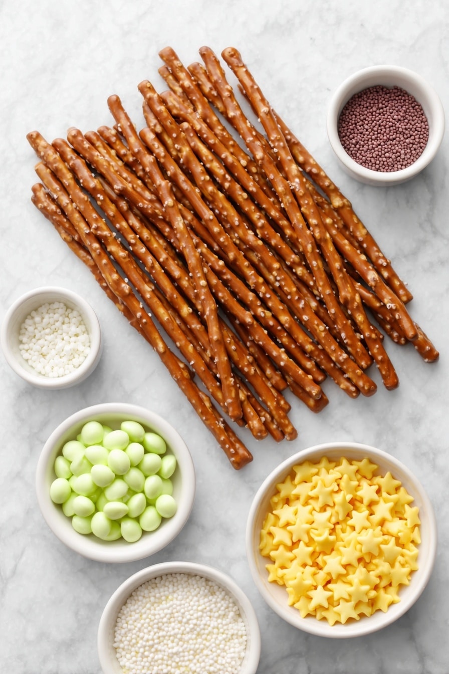Flat lay of fresh natural pretzel sticks arranged neatly, a small white ceramic bowl filled with smooth green candy melts, another white bowl holding tiny round red nonpareils sprinkles, a separate white bowl with white nonpareils sprinkles, and a small white bowl containing bright yellow star-shaped sprinkles, all placed on a clean white marble surface, soft natural light, photo taken with an iPhone, professional food photography style, fresh ingredients, white ceramic bowls, no bottles, no duplicates, no utensils, no packaging --ar 2:3 --v 7 --p m7354615311229779997 - Candy Melt Pretzel Christmas Trees, festive holiday treats, easy Christmas dessert recipes, kid-friendly holiday snacks, Christmas party dessert ideas
