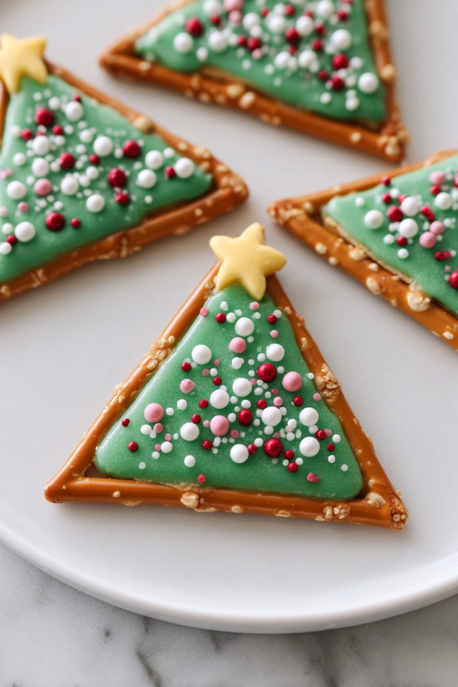 The image shows triangular cookies made from thin pretzel sticks forming the outer frame, which is golden-brown and slightly shiny. Inside the triangle is a smooth layer of green icing that covers the surface evenly with a matte finish. The green icing is decorated with small, round sprinkles in white, red, and a few pink dots scattered evenly across, creating a festive look. Each triangle also has a small yellow star-shaped sprinkle placed at the top corner of the triangle. The cookies are displayed on a white plate with a clean white marbled surface underneath. photo taken with an iphone --ar 2:3 --v 7 - Candy Melt Pretzel Christmas Trees, festive holiday treats, easy Christmas dessert recipes, kid-friendly holiday snacks, Christmas party dessert ideas