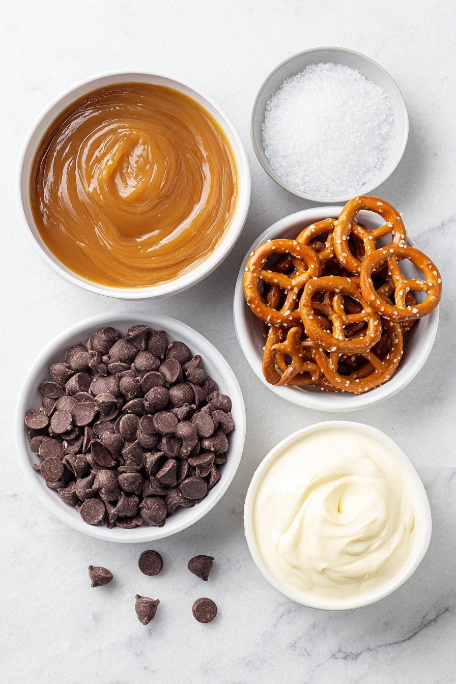 Salted Caramel Pretzel Bark Recipe 7 Flat lay of a small pile of glossy semi-sweet chocolate chips, a handful of crunchy twisted pretzels, a small white ceramic bowl filled with smooth, rich caramel sauce, a small white ceramic bowl holding thick, fresh heavy cream, and a few flakes of coarse sea salt scattered neatly on a simple white ceramic dish, all arranged with perfect symmetry and balanced proportions, placed on a clean white marble surface, soft natural light, photo taken with an iPhone, professional food photography style, fresh ingredients, white ceramic bowls, no bottles, no duplicates, no utensils, no packaging --ar 2:3 --v 7 --p m7354615311229779997 - Salted Caramel Pretzel Bark, Salted Caramel Pretzel Bark Recipe, Sweet and Salty Snack, Easy Pretzel Bark, Caramel Chocolate Bark