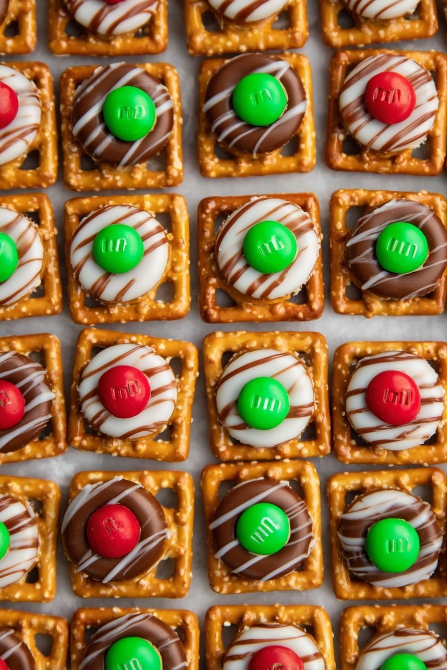 Two white plates sit on a wooden board with a white marbled background. The top plate is filled with snacks made of square pretzels as the bottom layer, topped with round milk chocolate pieces and red or green M&M candies in the center. Around the plate, silver-wrapped Hershey's Kisses are scattered. The bottom plate has similar square pretzels at the base, layered with white cream and drizzled with a light brown sauce, each topped with a red or green M&M candy. More silver Hershey's Kisses are placed around this plate on the board. The photo taken with an iphone --ar 2:3 --v 7 - Hershey's Kiss Pretzel Bites, salty and sweet snack, quick party treats, easy holiday snack, chocolate and pretzel combo