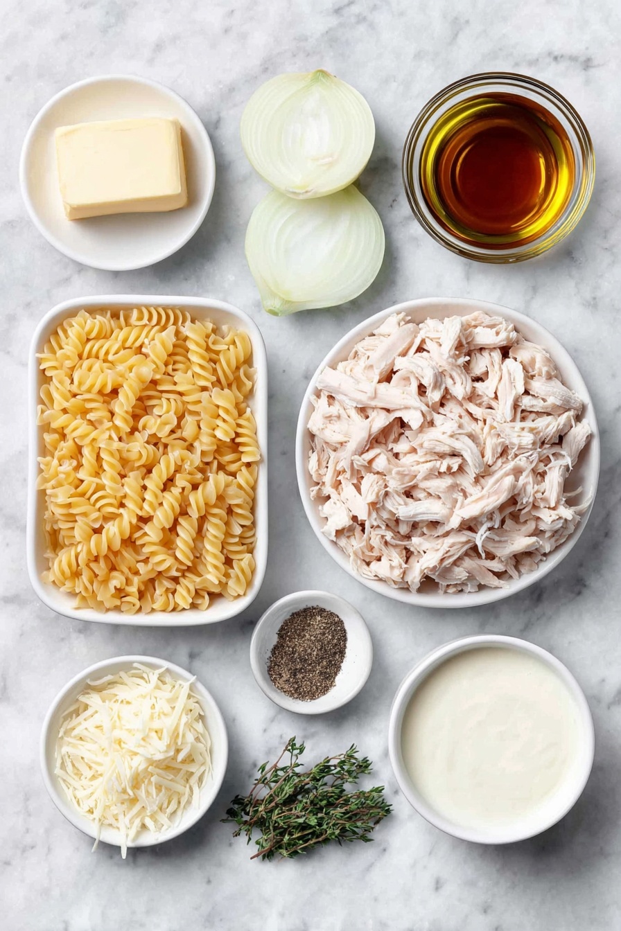 Flat lay of a small white ceramic bowl of unsalted butter, a small white ceramic bowl of olive oil, two large yellow onions thinly sliced arranged neatly, three whole uncracked garlic cloves, a simple pile of orzo pasta, shredded cooked chicken arranged in a small mound, a few sprigs of dried thyme, a small white ceramic bowl of black pepper, a small white ceramic bowl of low-sodium chicken broth, a small white ceramic bowl of heavy cream, a small pile of shredded mozzarella cheese, a small mound of grated Parmesan cheese, placed on a clean white marble surface, soft natural light, photo taken with an iPhone, professional food photography style, fresh ingredients, white ceramic bowls, no bottles, no duplicates, no utensils, no packaging --ar 2:3 --v 7 --p m7354615311229779997 - French Onion Chicken Orzo Bake, French Onion Chicken casserole, baked chicken and orzo with caramelized onion, savory chicken and orzo bake, comforting onion chicken casserole