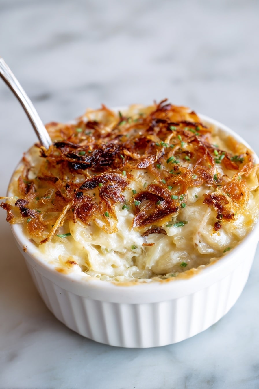 A white baking dish filled with a creamy, layered casserole that has a bubbly golden brown top layer covered with crispy, caramelized fried onions sprinkled with small bits of green herbs. The dish shows a thick bottom layer of creamy sauce mixed with pasta and melted cheese strands stretching as a wooden spoon lifts the portion. The colors shift from light cream tones in the saucy pasta to dark golden and slightly burnt crispy onions on top, creating a rich texture contrast. The background is a white marbled surface. photo taken with an iphone --ar 2:3 --v 7 - French Onion Chicken Orzo Bake, French Onion Chicken casserole, baked chicken and orzo with caramelized onion, savory chicken and orzo bake, comforting onion chicken casserole