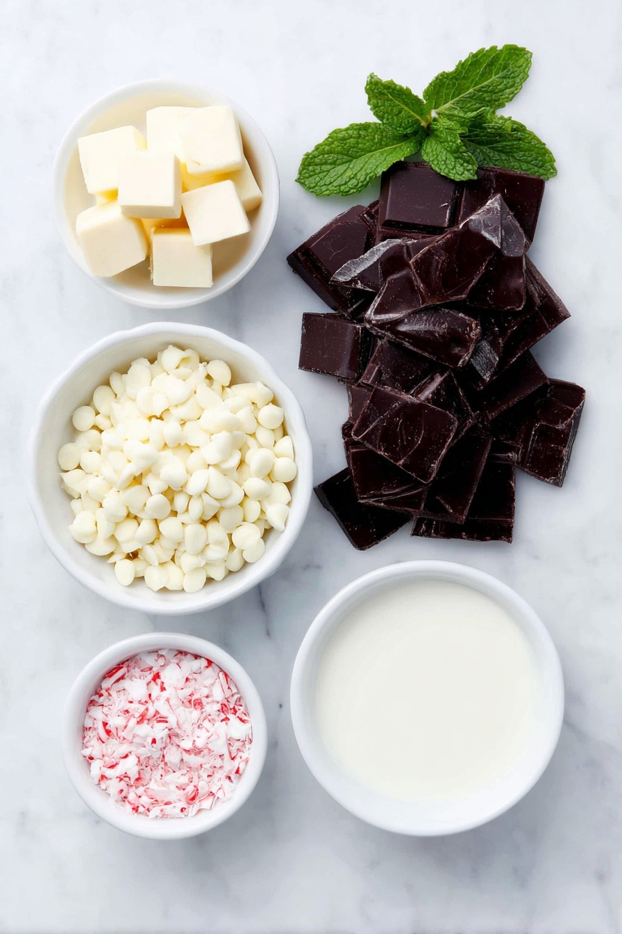 Peppermint Swirl Chocolate Fudge Recipe 7 Flat lay of semi-sweet chocolate chips in a small pile, a small white ceramic bowl with unsalted butter cubes, a small white ceramic bowl filled with smooth sweetened condensed milk, a few fresh peppermint leaves, a small white ceramic bowl with white chocolate chips, a small white ceramic bowl containing a few drops of vibrant red gel food coloring, and a small white ceramic bowl of crushed peppermint candies, all evenly spaced forming a balanced symmetrical arrangement, placed on a clean white marble surface, soft natural light, photo taken with an iPhone, professional food photography style, fresh ingredients, white ceramic bowls, no bottles, no duplicates, no utensils, no packaging --ar 2:3 --v 7 --p m7354615311229779997 - Peppermint Swirl Chocolate Fudge, peppermint fudge, chocolate fudge recipe, festive holiday fudge, easy peppermint dessert