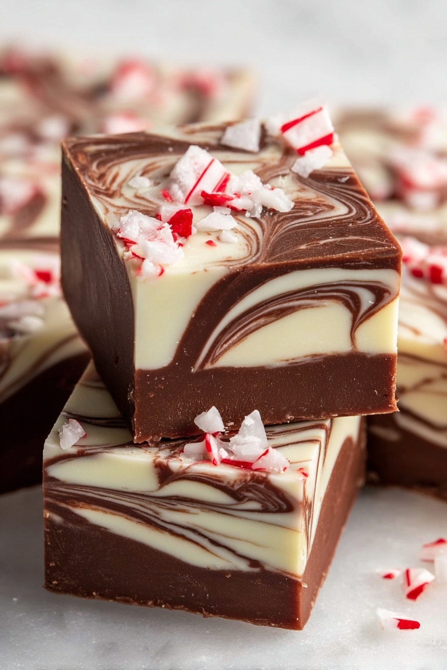 Peppermint Swirl Chocolate Fudge Recipe 6 This image shows three square pieces of chocolate fudge with a marbled pattern of dark brown and creamy white layers, stacked with one piece on top of two others. Each piece has a smooth, glossy surface with swirls where the two colors mix. On top of the fudge pieces, there are small, uneven white candy bits with red stripes, giving a peppermint look. The edges are clean but slightly rough from cutting. The background is a white marbled texture. Photo taken with an iphone --ar 2:3 --v 7 - Peppermint Swirl Chocolate Fudge, peppermint fudge, chocolate fudge recipe, festive holiday fudge, easy peppermint dessert