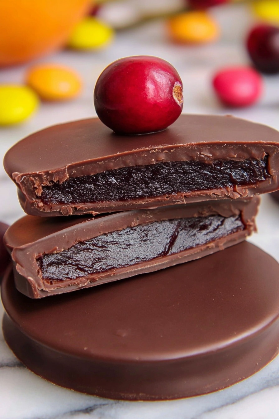 Dark Chocolate Cranberry Sauce Bites Recipe 8 The image shows a close-up of a round chocolate-covered treat with two thick layers. The bottom layer is a flat chocolate disk with a smooth, glossy surface. On top of that, there is a second layer broken into two pieces, revealing a thick, dark, almost black filling inside. This filling contrasts with the lighter, milk-chocolate outer shell. A single shiny red berry sits on top of the cut pieces, adding a pop of color. The treat is placed on a white marbled surface with blurred colorful round objects in the background. photo taken with an iphone --ar 2:3 --v 7 - Dark Chocolate Cranberry Sauce Bites, cranberry chocolate treats, festive chocolate bites, no-bake cranberry snacks, easy holiday dessert