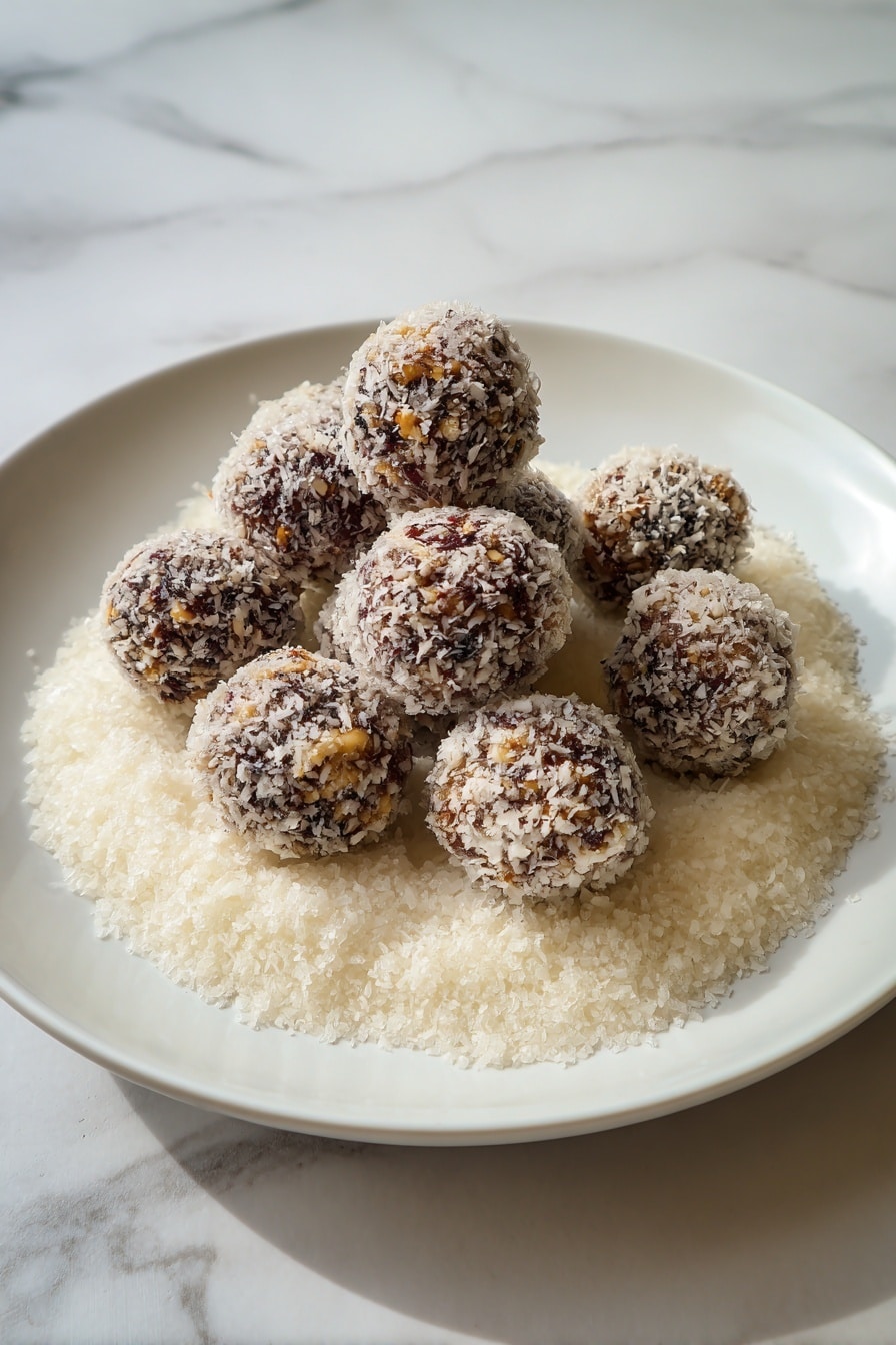 There is a white round plate holding nine small, round balls that are dark brown with crunchy nut pieces visible within, giving a bumpy texture. The balls are lightly coated in white sugar, creating a sugary layer on their surface. They are arranged in a loose circular pattern on a bed of granulated white sugar spread across the plate. The background is a white marbled surface. photo taken with an iphone --ar 2:3 --v 7 - Christmas Sugarplums, Christmas Sugarplums Recipe, Festive Holiday Candies, Easy Christmas Treats, No-Cook Christmas Sweets