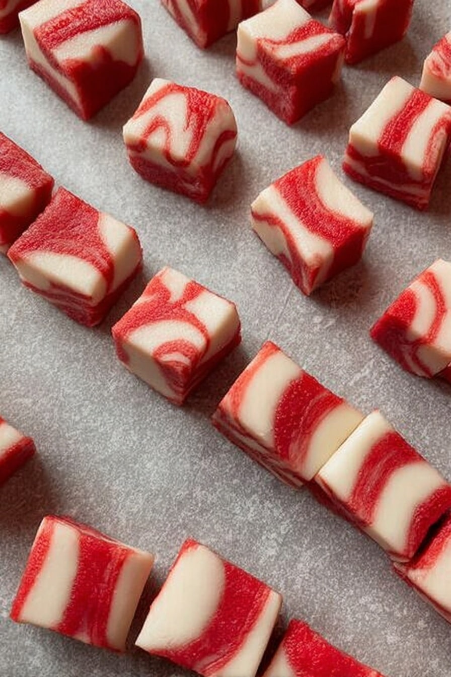 Soft Peppermint Butter Mints Recipe 8 The image shows rows of small pieces of dough with red and white layers. Each piece is square or rectangular, with a marbled pattern where the red swirls into the white dough, creating a striped look. The dough pieces are neatly lined up on a sheet of paper with a gray, speckled texture underneath them. The layers appear soft and smooth, and the red parts vary in shade from bright to a deeper red, while the white parts are clean and creamy. photo taken with an iphone --ar 2:3 --v 7 - Soft Peppermint Butter Mints, peppermint butter mints, homemade peppermint candies, holiday peppermint treats, soft mint candies