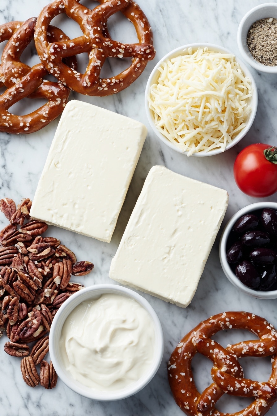 Reindeer Cheese Ball Recipe 7 Flat lay of two blocks of fresh cream cheese with smooth surfaces, a small white ceramic bowl filled with creamy sour cream, a neat pile of shredded medium cheddar cheese, a small white bowl containing fine ranch seasoning mix powder, a mound of roughly chopped whole pecans with natural brown shells, two whole uncracked black olives with glossy skin, one bright red cherry tomato with smooth skin, and two large classic twisted pretzels with a golden-brown crust, all arranged symmetrically and balanced on a simple white ceramic plate and bowls, placed on a clean white marble surface, soft natural light, photo taken with an iPhone, professional food photography style, fresh ingredients, white ceramic bowls, no bottles, no duplicates, no utensils, no packaging --ar 2:3 --v 7 --p m7354615311229779997 - Reindeer Cheese Ball, festive cheese ball, holiday appetizer, easy cheese ball recipe, Christmas party finger foods