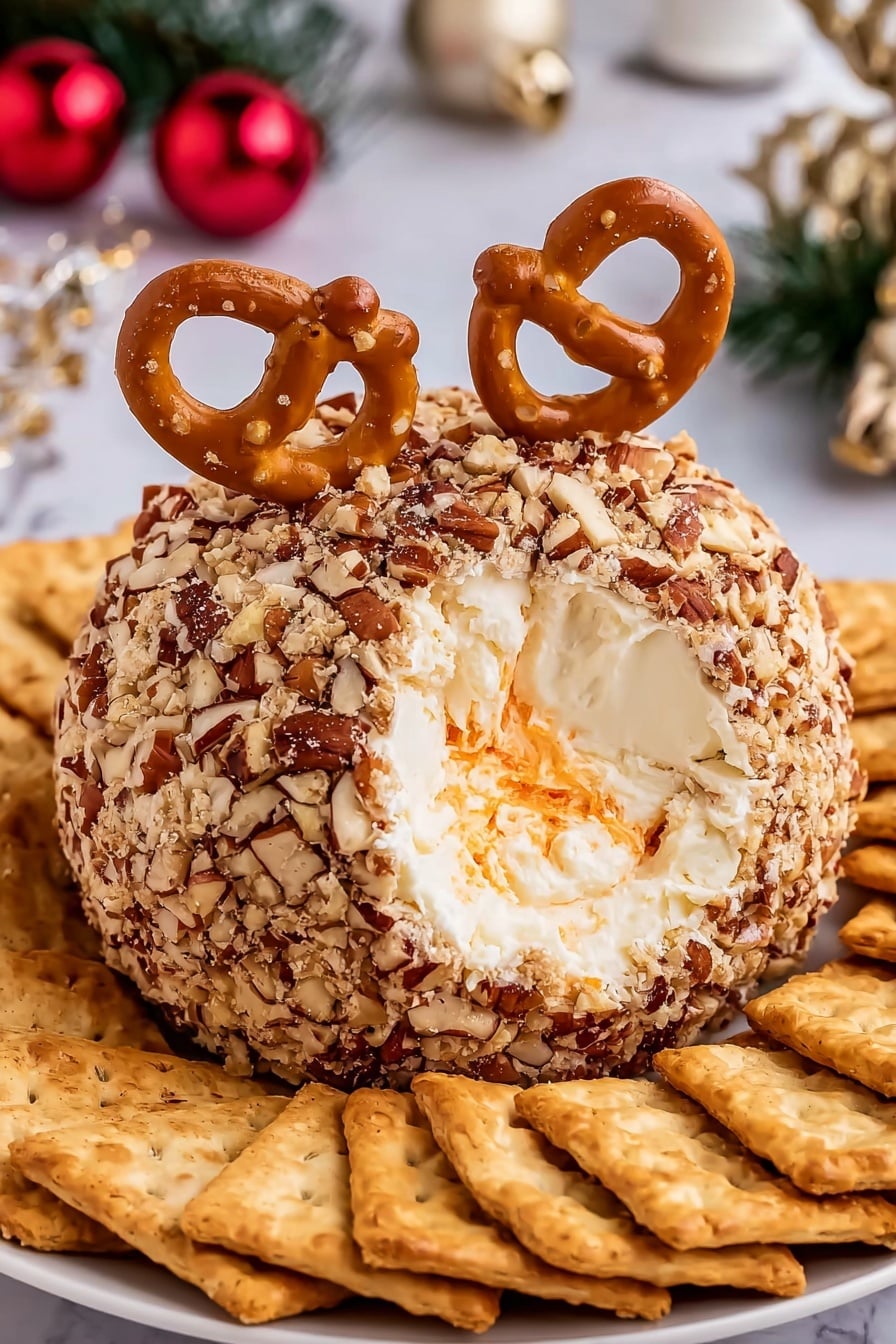 Reindeer Cheese Ball Recipe 8 The image shows a round cheese ball coated with chopped nuts, giving it a rough and uneven brownish texture. The center of the cheese ball is creamy white with an orange swirl inside, visible due to a scoop taken out from the front. Two pretzels are stuck on top, resembling ears. The cheese ball is on a white plate, surrounded by an arrangement of light brown crackers around the edge. The background features a white marbled surface with holiday decorations softly blurred behind. Photo taken with an iphone --ar 2:3 --v 7 - Reindeer Cheese Ball, festive cheese ball, holiday appetizer, easy cheese ball recipe, Christmas party finger foods