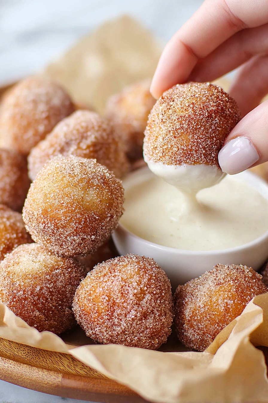 Cinnamon Sugar Pretzel Bites Recipe 8 A close-up image of small round doughnut holes covered in a light brown sugar and cinnamon coating, piled together on brown parchment paper. One doughnut hole is held by a woman's hand, dipping into a shallow white ceramic bowl filled with a smooth, creamy white sauce. The doughnut holes have a rough, sugary texture with a golden-brown color showing under the sugar. The background is soft and out of focus with a white marbled surface. photo taken with an iphone --ar 2:3 --v 7 - Cinnamon Sugar Pretzel Bites, Cinnamon Sugar Pretzel Snacks, Easy Cinnamon Pretzel Bites, Soft Cinnamon Sugar Bites, Quick Cinnamon Pretzels