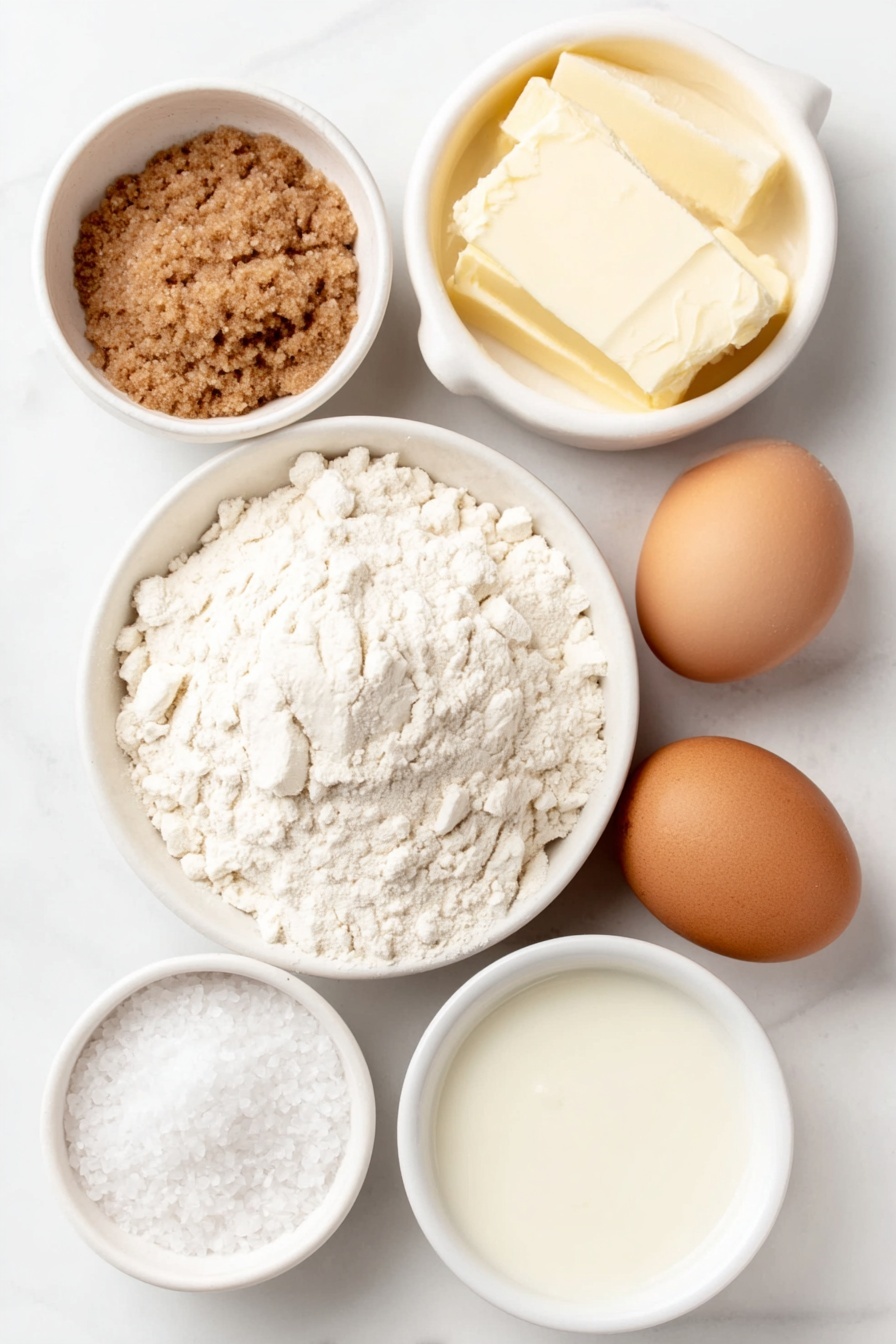 Soft Pretzel Bites Recipe 7 Flat lay of a small white ceramic bowl of warm milk, a small white ceramic bowl with golden brown sugar, a few fresh yeast granules scattered near a small white ceramic bowl, a mound of soft all-purpose flour on a simple white ceramic plate, a small white ceramic bowl of melted butter with a golden sheen, a small white ceramic bowl of fine sea salt crystals, a single large whole uncracked brown egg, a small white ceramic bowl of coarse pretzel salt, placed on a clean white marble surface, soft natural light, photo taken with an iPhone, professional food photography style, fresh ingredients, white ceramic bowls, no bottles, no duplicates, no utensils, no packaging --ar 2:3 --v 7 --p m7354615311229779997 - Soft Pretzel Bites, Soft Pretzel Bites Recipe, Chewy Pretzel Snacks, Baked Pretzel Bites, Easy Pretzel Bites
