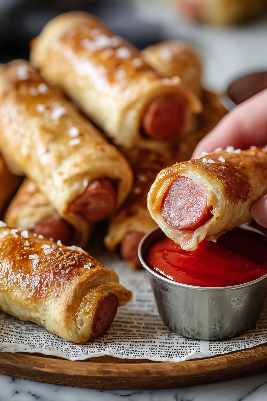 The image shows several brown sausages wrapped in golden brown dough sprinkled lightly with coarse salt, arranged on newspaper with a white marbled surface in the background. One sausage roll is held by a woman's hand on the right, revealing the pink sausage inside with a bit of red sauce at the open end. In the foreground, there is a small silver metal cup filled with bright red ketchup. The overall look is warm and inviting with a soft focus on the background sausages and sharp detail on the held sausage roll and ketchup cup photo taken with an iphone --ar 2:3 --v 7 - Homemade Pretzel Dogs, homemade pretzel dog recipe, how to make pretzel dogs, easy pretzel dog bites, crowd-pleasing snack recipes