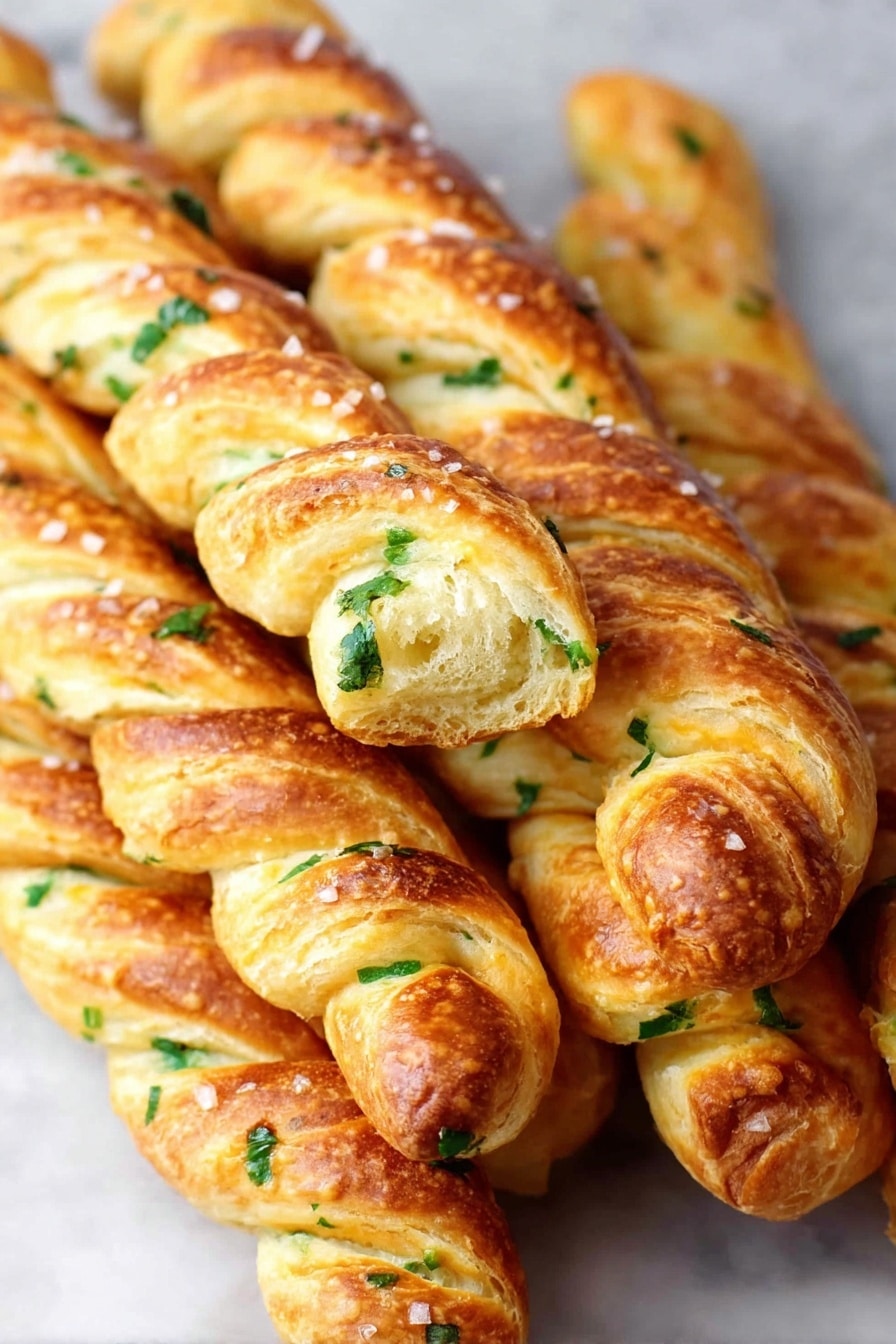 The image shows several twisted breadsticks stacked together on a white marbled surface. Each breadstick is golden brown with a shiny crust, and you can see small green herb pieces inside the dough, adding contrast. The breadsticks have a soft, flaky texture with some light sprinkling of coarse salt on top. They are closely arranged with some overlapping, giving a warm and fresh-baked look. photo taken with an iphone --ar 2:3 --v 7 - Jalapeno Cheddar Pretzel Twists, spicy pretzel snacks, cheesy jalapeno appetizer, homemade pretzel recipe, easy savory pretzels