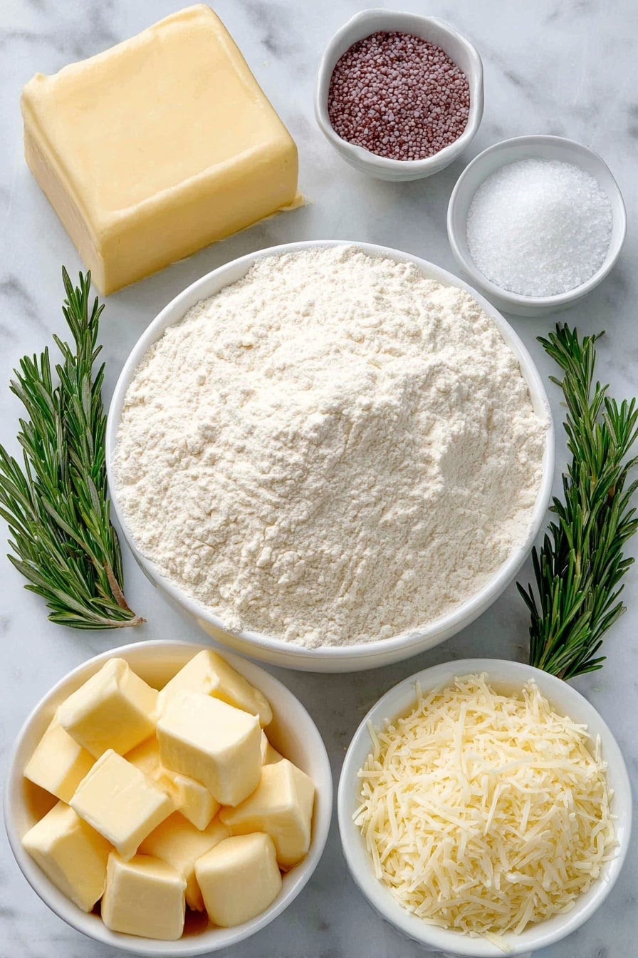 Mozzarella Stuffed Soft Pretzels Recipe 7 Flat lay of a mound of fluffy all-purpose flour, a small white bowl of active dry yeast granules, a small white bowl of warm water, a small white bowl containing granulated sugar, a small white bowl of fine salt, a small pile of fresh mozzarella cubes, a few sprigs of fresh rosemary with bright green leaves, a small white bowl filled with grated Parmesan cheese, a large white bowl of clear water, a small white bowl of coarse baking soda crystals, and a few loose fresh rosemary leaves for garnish—all arranged in perfect symmetry on a clean white marble surface, soft natural light, photo taken with an iPhone, professional food photography style, fresh ingredients, white ceramic bowls, no bottles, no duplicates, no utensils, no packaging --ar 2:3 --v 7 --p m7354615311229779997 - Mozzarella Stuffed Soft Pretzels, cheesy soft pretzels, stuffed pretzel recipes, easy pretzel snacks, homemade mozzarella pretzels