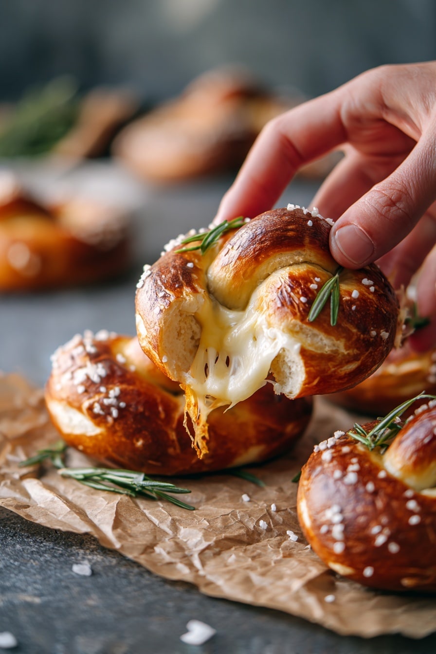 Mozzarella Stuffed Soft Pretzels Recipe 8 The image shows a close-up of three soft pretzels with a shiny, golden brown crust sprinkled with large grains of coarse salt. Each pretzel is thick and has a twisted, looped shape with a smooth, glossy surface. One pretzel in the front has creamy, melted cheese oozing out from a tear in the dough, with small green rosemary leaves scattered on top and around. The pretzels rest on crumpled parchment paper, which sits on a dark gray surface beneath, and some salt grains and rosemary leaves are scattered around. photo taken with an iphone --ar 2:3 --v 7 - Mozzarella Stuffed Soft Pretzels, cheesy soft pretzels, stuffed pretzel recipes, easy pretzel snacks, homemade mozzarella pretzels