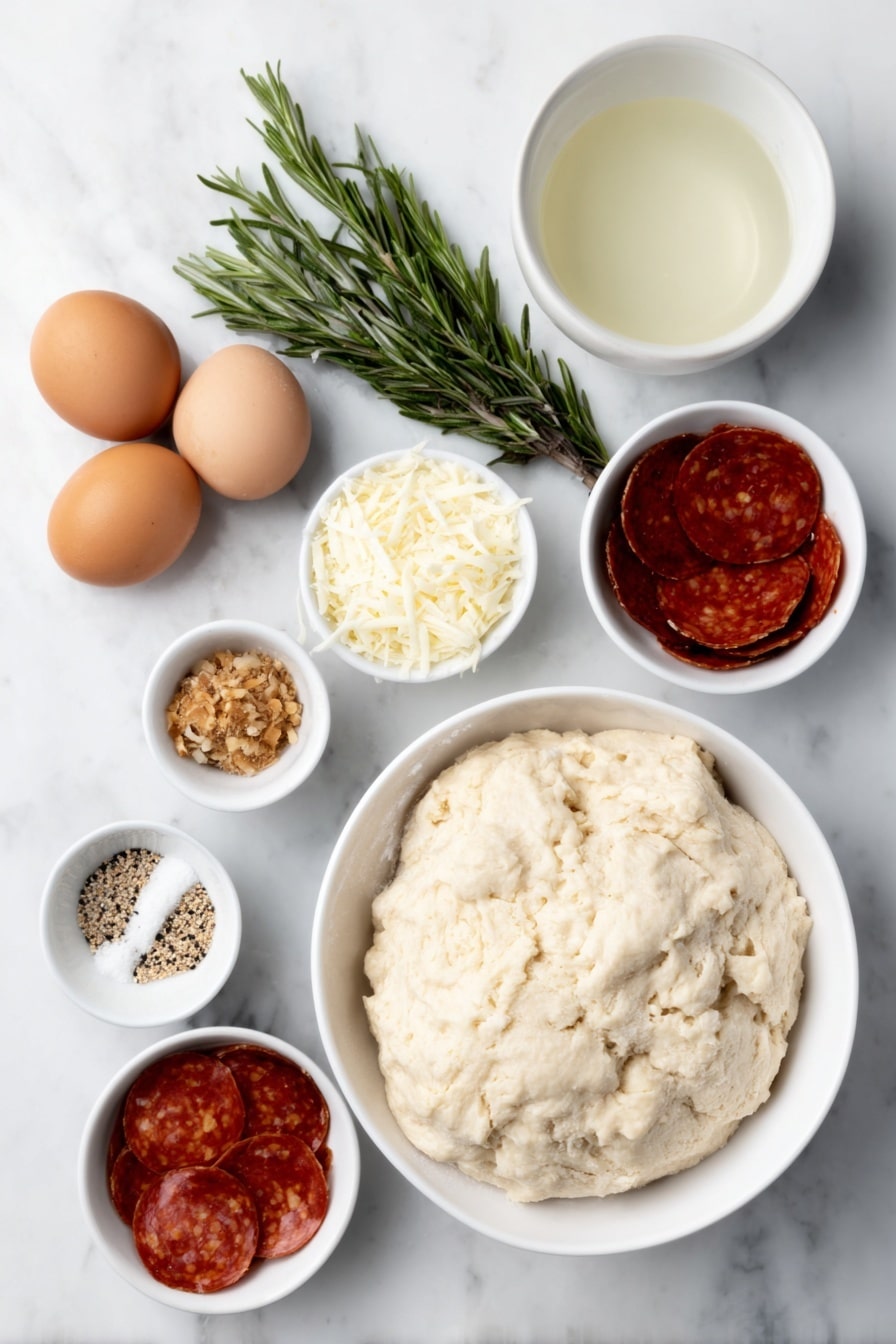 Homemade Soft Pretzel Twists with Toppings Recipe 7 Flat lay of a small mound of pale pretzel dough, a small white bowl of warm water, two brown whole eggs with clean shells, a few fresh rosemary sprigs, a cluster of garlic cloves, a small white bowl of melted butter, a small white bowl of grated Parmesan cheese, a small white bowl of cinnamon sugar mixture with visible cinnamon specks, small piles of poppy seeds and sesame seeds, small piles of dried garlic flakes and dried onion flakes, a small white bowl of coarse sea salt, thin slices of mini pepperoni arranged neatly, thin slices of fresh mozzarella cheese, all ingredients placed with perfect symmetry on a clean white ceramic surface, placed on a clean white marble surface, soft natural light, photo taken with an iPhone, professional food photography style, fresh ingredients, white ceramic bowls, no bottles, no duplicates, no utensils, no packaging --ar 2:3 --v 7 --p m7354615311229779997 - Homemade Soft Pretzel Twists with Toppings, soft pretzel recipe, homemade pretzels with toppings, easy pretzel twists, baked pretzel snacks