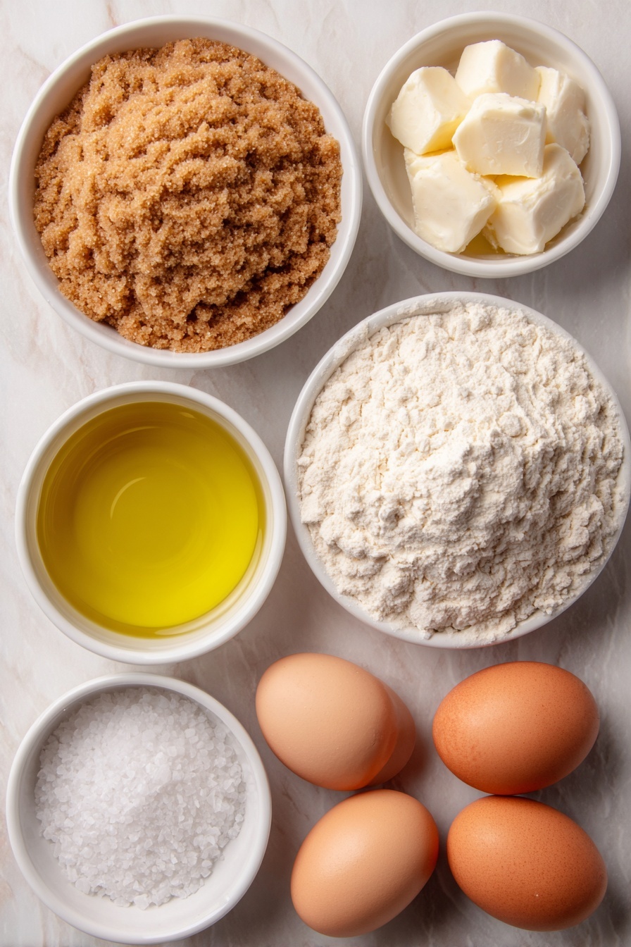 German Soft Pretzel Sticks Recipe 7 Flat lay of a small white ceramic bowl filled with light brown sugar, a small white ceramic bowl of warm clear water, a few plump, creamy whole eggs with uncracked shells, a small white ceramic bowl holding a golden vegetable oil, a neat pile of soft all-purpose flour, a small white ceramic bowl of coarse sea salt crystals, and a small white ceramic bowl containing white baking soda crystals, all arranged symmetrically on a clean white marble surface, soft natural light, photo taken with an iPhone, professional food photography style, fresh ingredients, white ceramic bowls, no bottles, no duplicates, no utensils, no packaging --ar 2:3 --v 7 --p m7354615311229779997 - German Soft Pretzel Sticks, authentic pretzel recipe, homemade pretzels, soft pretzel sticks baking, German pretzel snacks