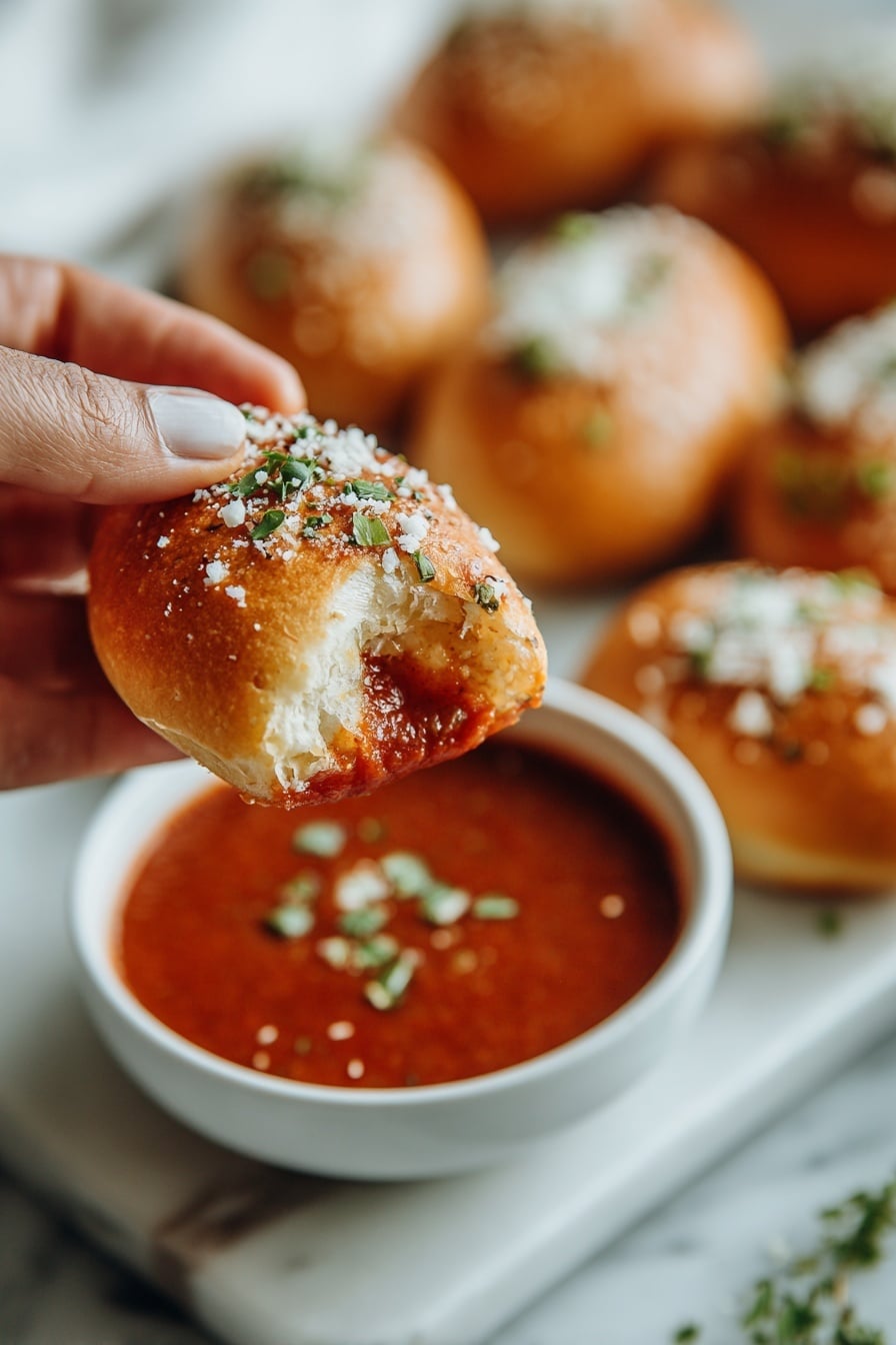 The image shows several golden, little oval-shaped bread rolls covered with white grated cheese and small green herb flakes. They are close together on a flat surface with a white marbled texture. To the back, there is a white bowl filled with thick, red tomato sauce that looks smooth with some texture. The bread rolls have a soft but slightly textured surface with tiny bits of seasoning visible. photo taken with an iphone --ar 2:3 --v 7 - Parmesan Bread Bites with Garlic Butter, Parmesan bread snacks, Garlic butter bread bites, Easy appetizer recipes, Savory bread bites irresistibly