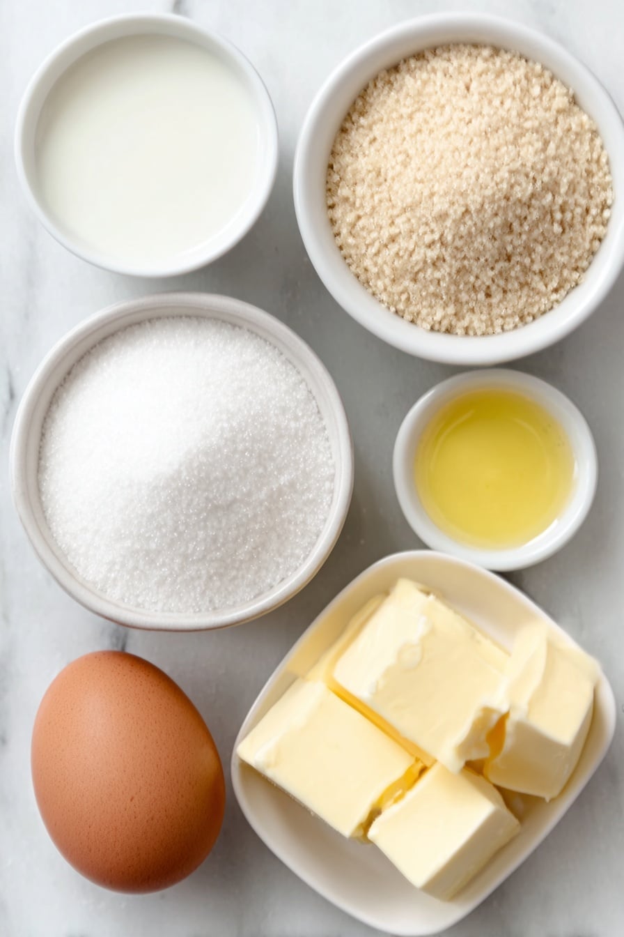 Soft & Fluffy Dinner Rolls Recipe 7 Flat lay of a small white ceramic bowl of whole milk, a small white ceramic bowl of clear water, a small white ceramic bowl filled with white granulated sugar, a small white ceramic bowl containing light beige active dry yeast granules, one large whole brown egg with a clean shell, a small white ceramic bowl of fine white all-purpose flour, several small cubes of pale unsalted butter arranged neatly on a white ceramic plate, a small white ceramic bowl holding smooth melted golden butter, placed on a clean white marble surface, soft natural light, photo taken with an iPhone, professional food photography style, fresh ingredients, white ceramic bowls, no bottles, no duplicates, no utensils, no packaging --ar 2:3 --v 7 --p m7354615311229779997 - Soft & Fluffy Dinner Rolls, dinner rolls recipe, easy dinner roll recipe, homemade dinner rolls, soft bread rolls