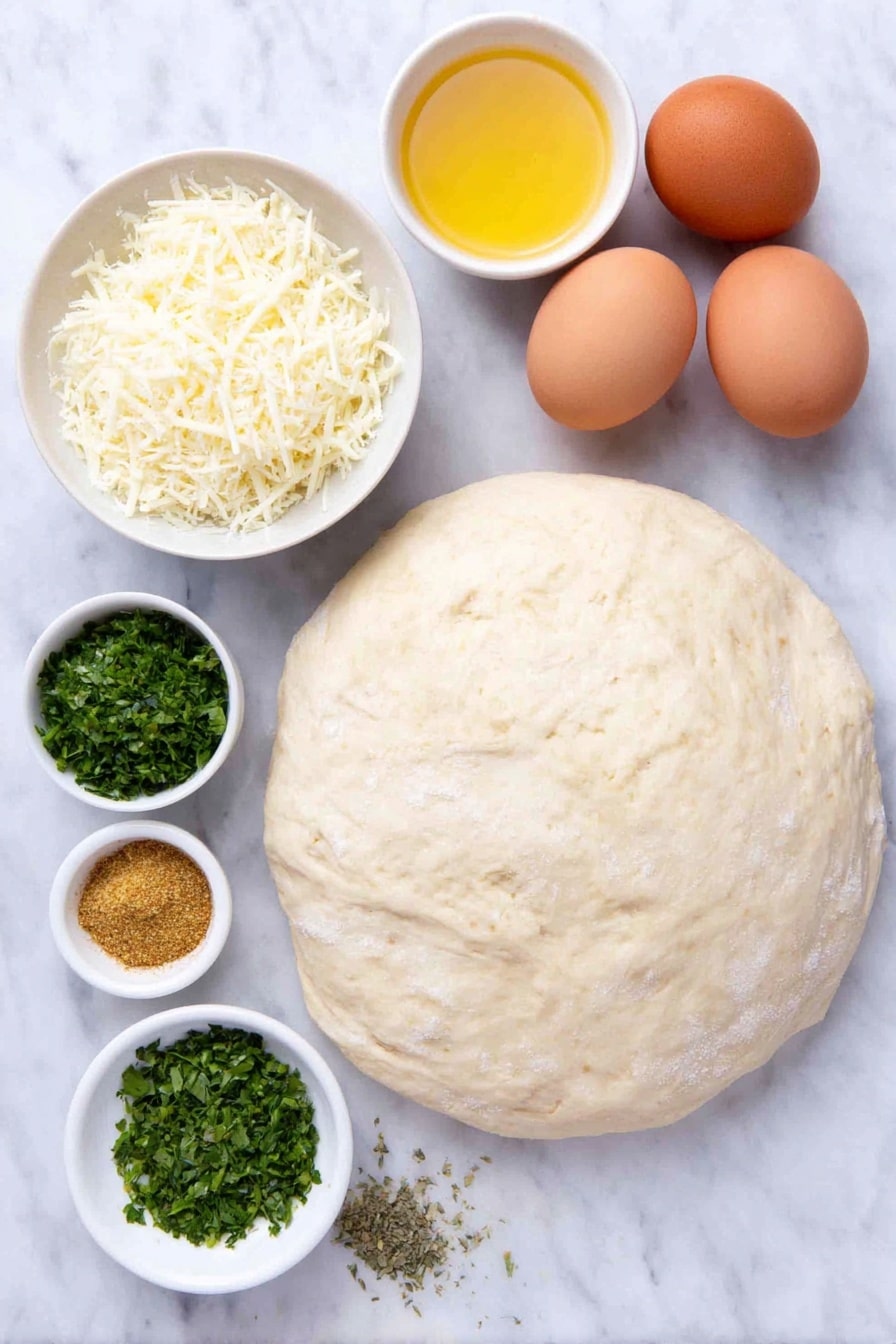 Garlic Parmesan Knots Recipe 7 Flat lay of a round ball of fresh pizza dough with a smooth surface, a small white bowl of melted butter glistening warmly, a small white bowl holding finely grated parmesan cheese, a small white bowl containing bright green finely chopped fresh parsley, a small white bowl with golden garlic powder, a small white bowl with dried oregano leaves, and two whole uncracked brown eggs arranged perfectly symmetrically in a balanced layout, all placed on a clean white marble surface, soft natural light, photo taken with an iPhone, professional food photography style, fresh ingredients, white ceramic bowls, no bottles, no duplicates, no utensils, no packaging --ar 2:3 --v 7 --p m7354615311229779997 - Garlic Parmesan Knots, Garlic Parmesan Knots recipe, cheesy garlic knots, easy appetizer recipes, baked bread snacks