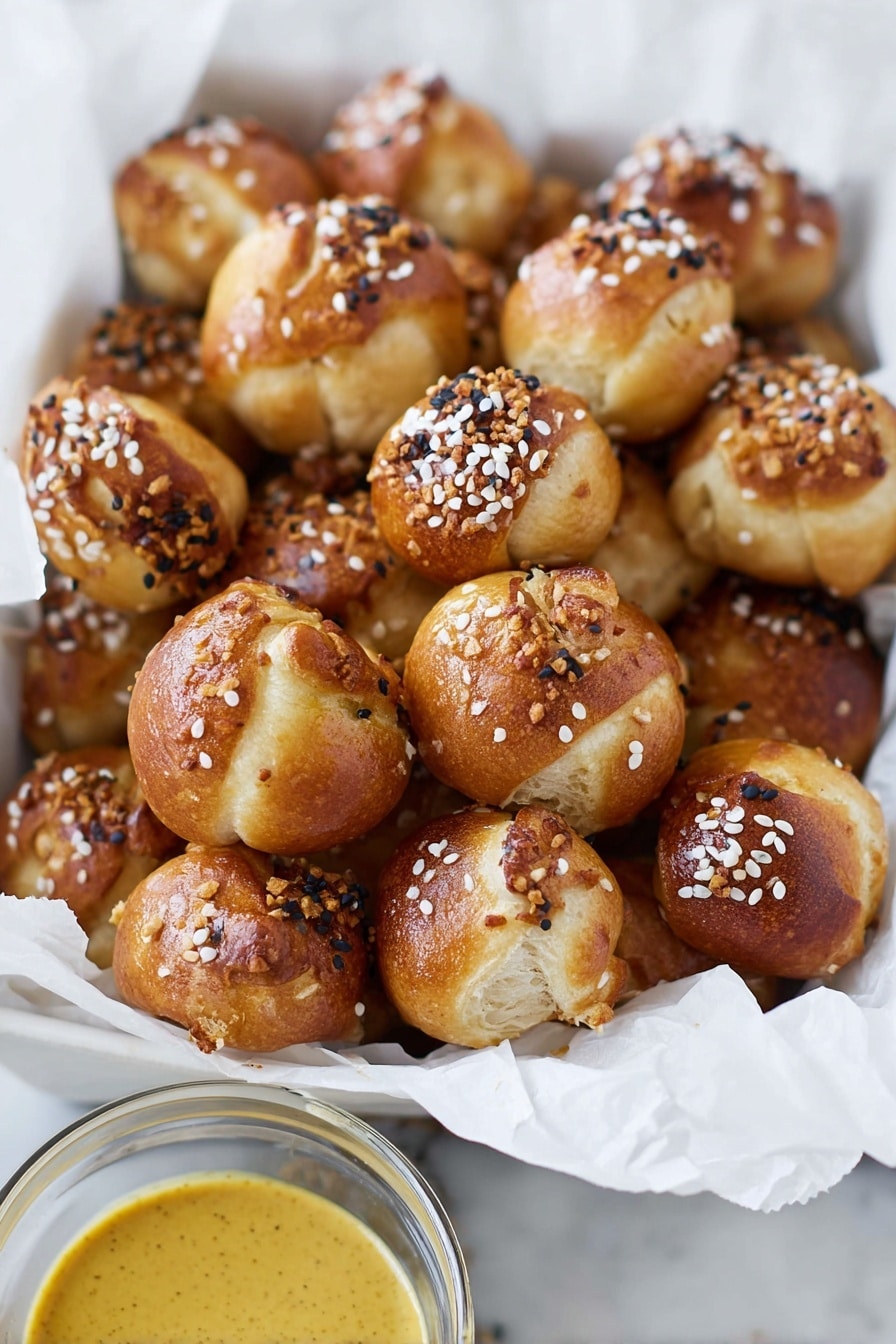 A white container filled with many round, soft pretzel bites that have a golden brown outer layer and lighter cream inside where the dough twists. Some of the bite pieces are topped with white and black sesame seeds and bits of salt, adding texture on top. The pretzel bites rest on white paper inside the container, which is placed on a white marbled surface. In the bottom right corner, there is a small clear glass bowl filled with a yellow mustard sauce. photo taken with an iphone --ar 2:3 --v 7 - Sourdough Discard Pretzel Bites, homemade pretzel bites with sourdough discard, easy sourdough pretzel bites recipe, chewy pretzel bites, simple snack ideas
