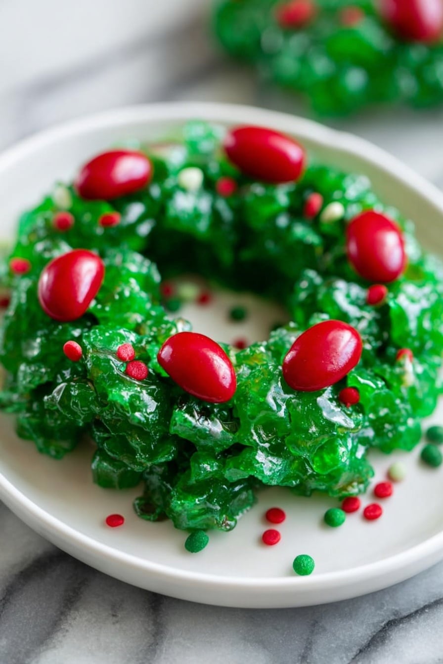 Christmas Wreath Cookie Recipe 8 The image shows a small wreath-shaped dessert made of bright green, shiny, sticky pieces tightly packed together. The wreath has a rough and bumpy texture from the uneven pieces stacked to form a complete ring. Scattered on top and around the wreath are smooth, glossy, red candy-like ovals and small sprinkles in red and green, adding spots of color against the green base. The dessert sits on a white plate placed on a white marbled surface. photo taken with an iphone --ar 2:3 --v 7 - Christmas Wreath Cookie, Christmas Wreath Cookie Recipe, Festive Holiday Cookies, Easy Christmas Cookies, Holiday Baking Ideas